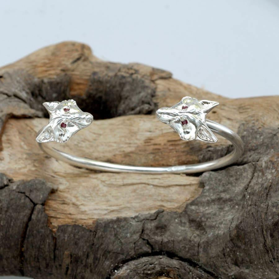 Contemporary Fox Head Bangle in Sterling Silver with Ruby Eyes For Sale