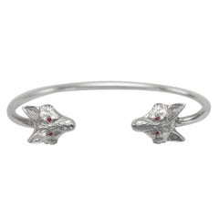 Fox Head Bangle in Sterling Silver with Ruby Eyes