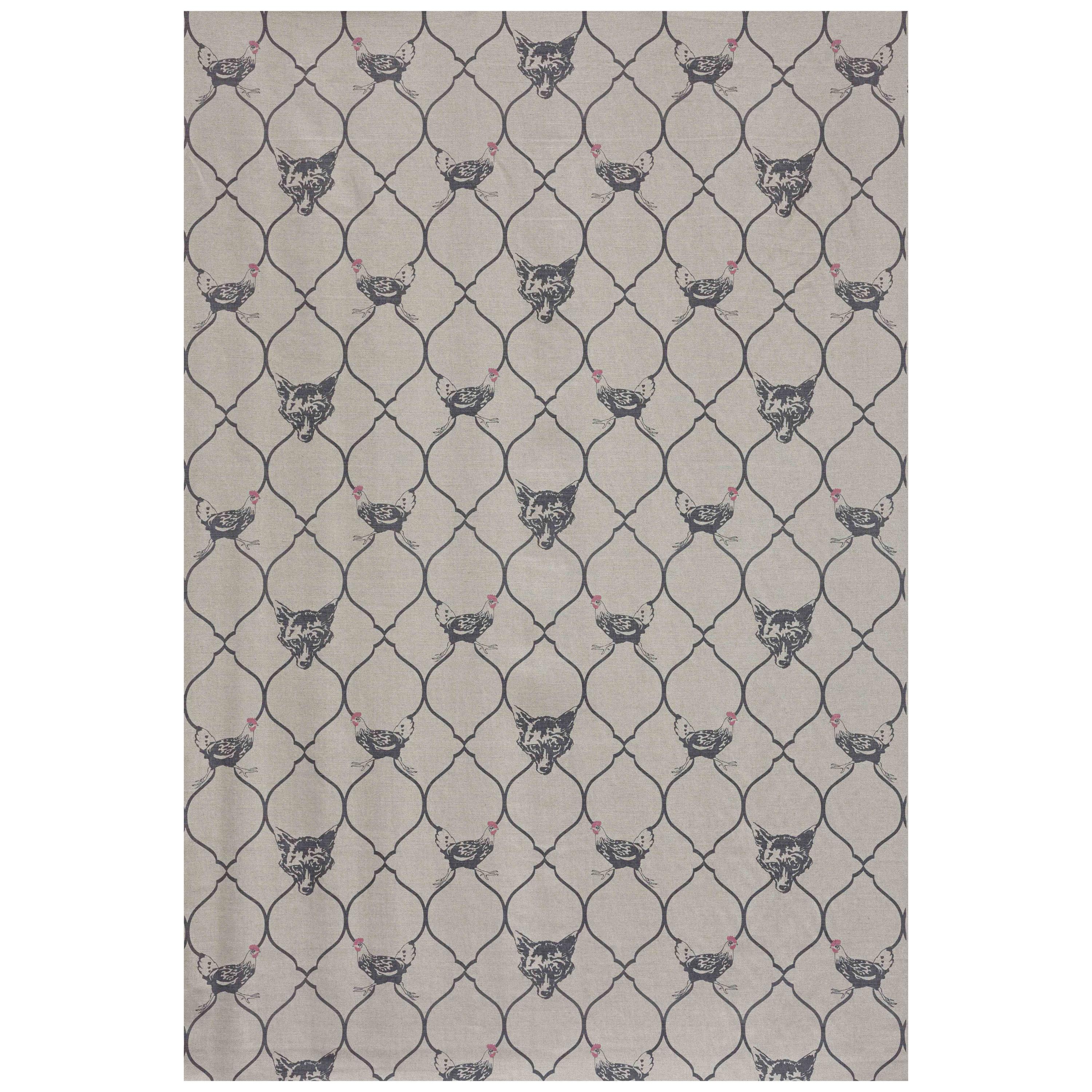 'Fox & Hen' Contemporary, Traditional Fabric in Charcoal/Pink on Natural For Sale