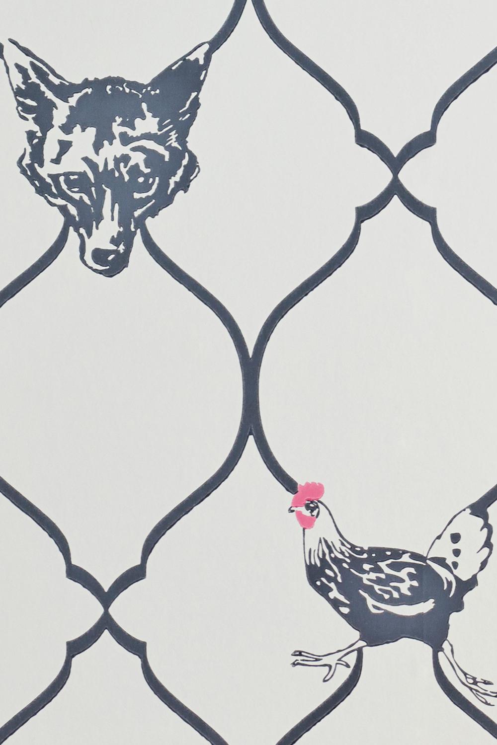British 'Fox & Hen' Contemporary, Traditional Wallpaper in Charcoal on Parchment For Sale