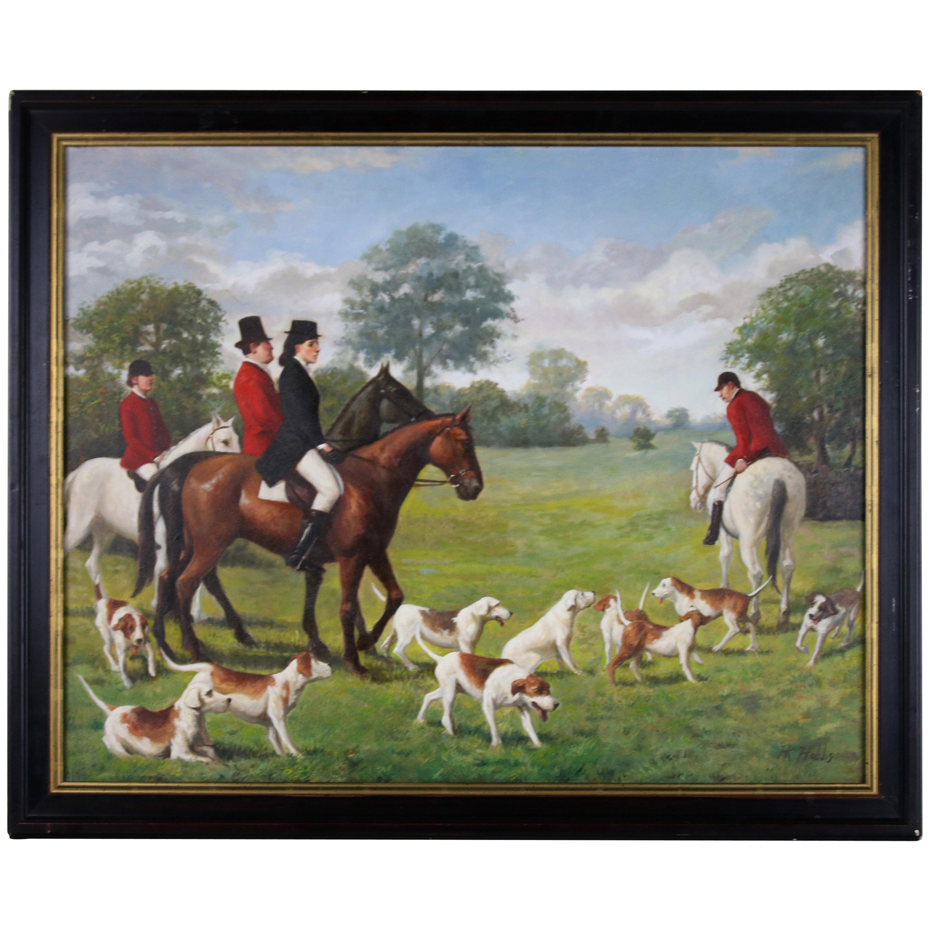 Fox Hunt English Sporting Oil on Canvas Signed HK Hobbs For Sale