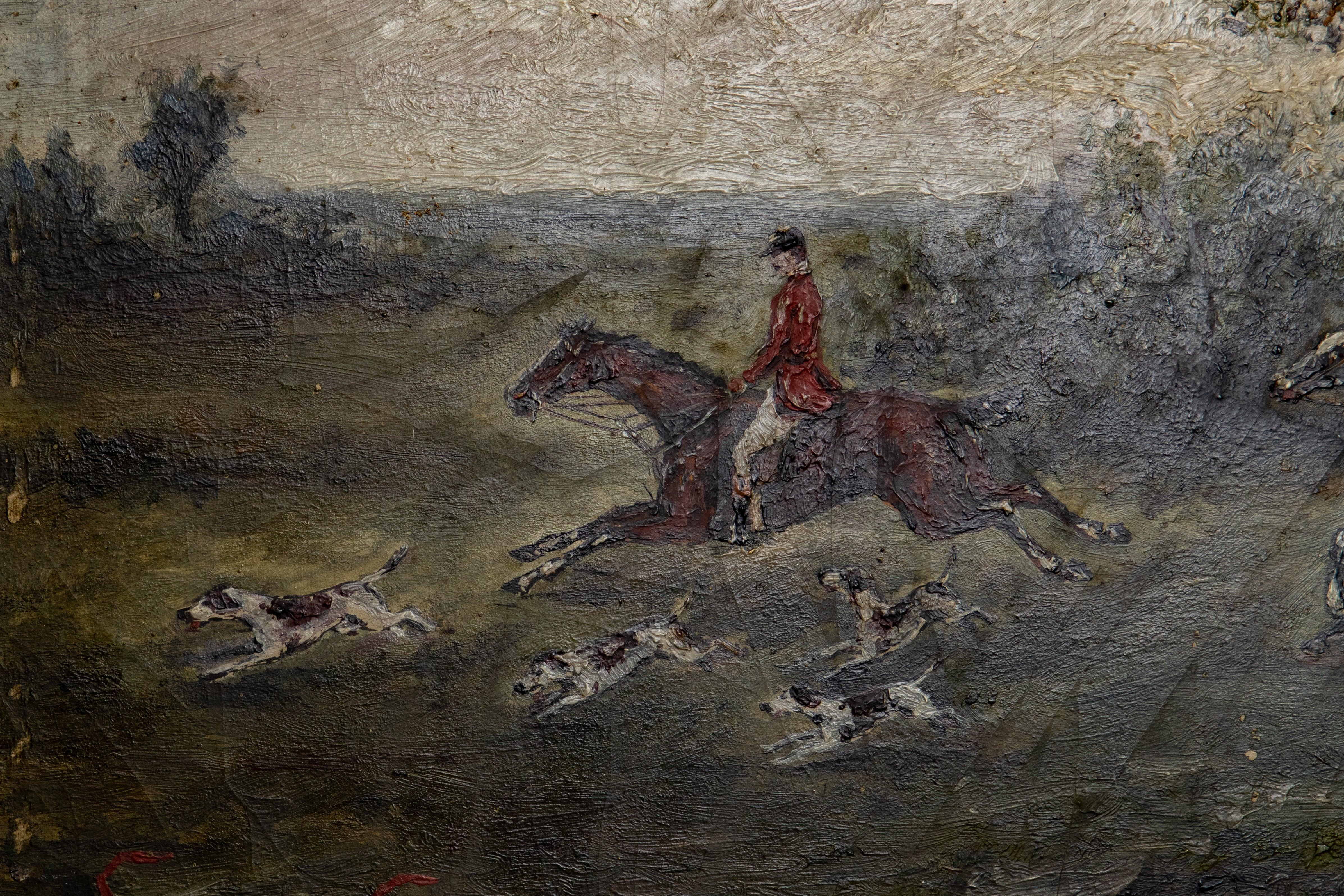 Offering this gorgeous 19th century painting of a fox hunt on board. Believed to be English. The small painting is on board and the intricate detail in the brushwork is amazing. The piece is signed but not able to make it out.
