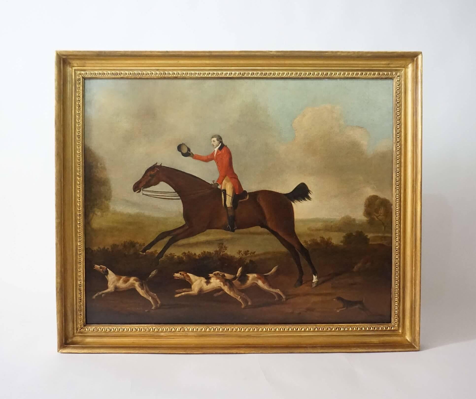 George III Fox Hunter on Horse with Hounds, Attributed to Gilpin, Oil on Canvas, Circa 1790 For Sale