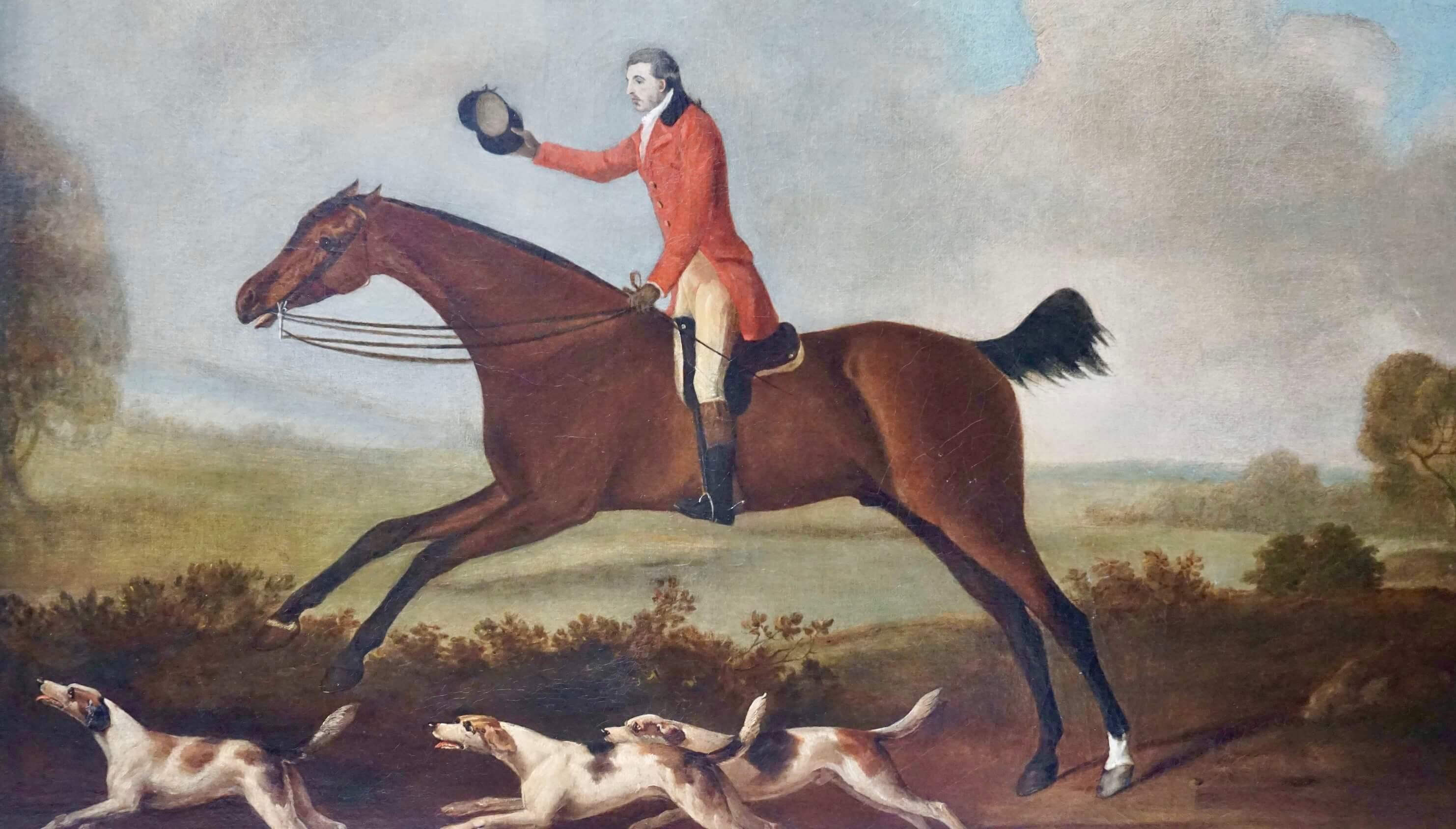 English Fox Hunter on Horse with Hounds, Attributed to Gilpin, Oil on Canvas, Circa 1790 For Sale