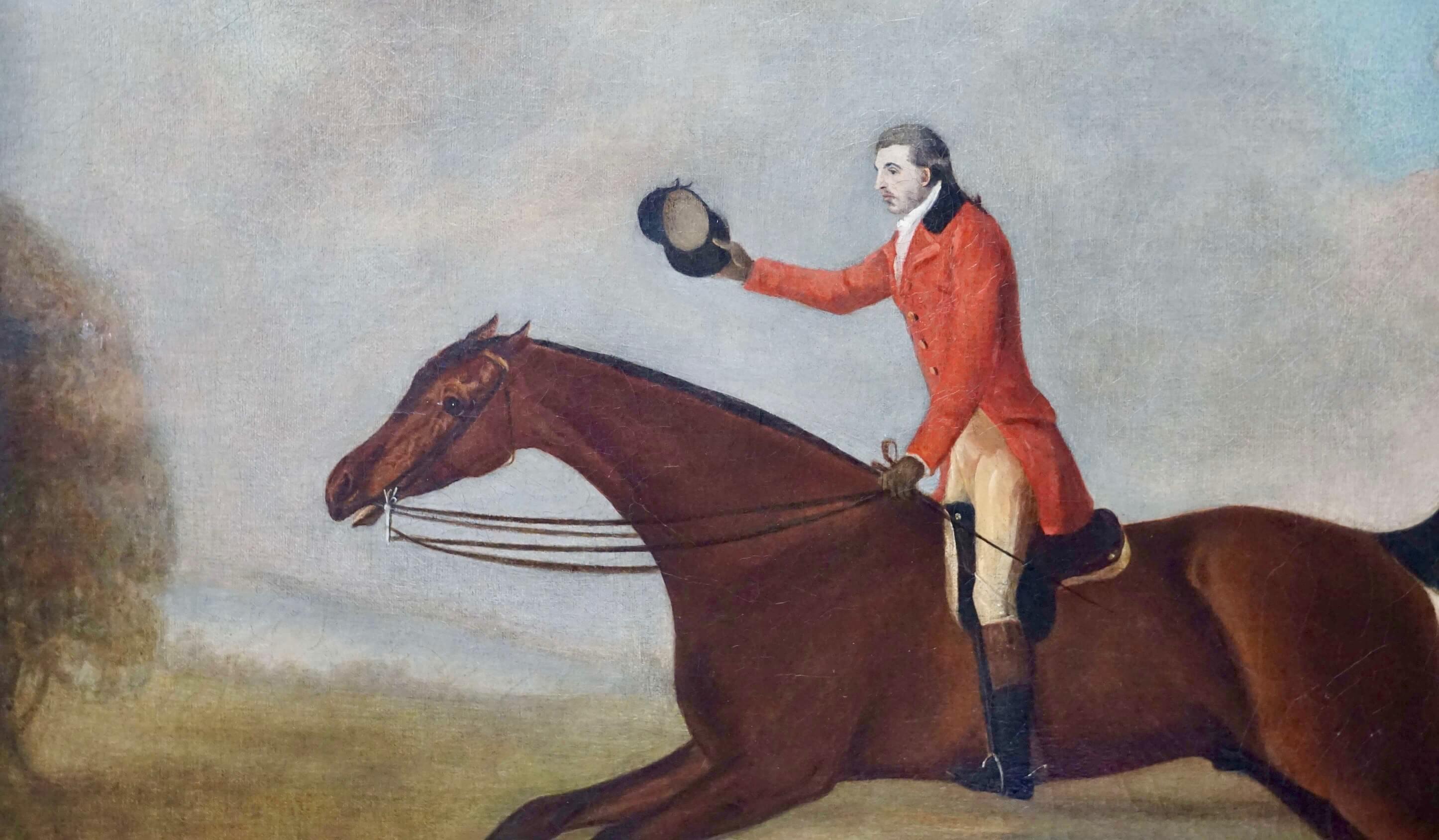 Hand-Painted Fox Hunter on Horse with Hounds, Attributed to Gilpin, Oil on Canvas, Circa 1790 For Sale