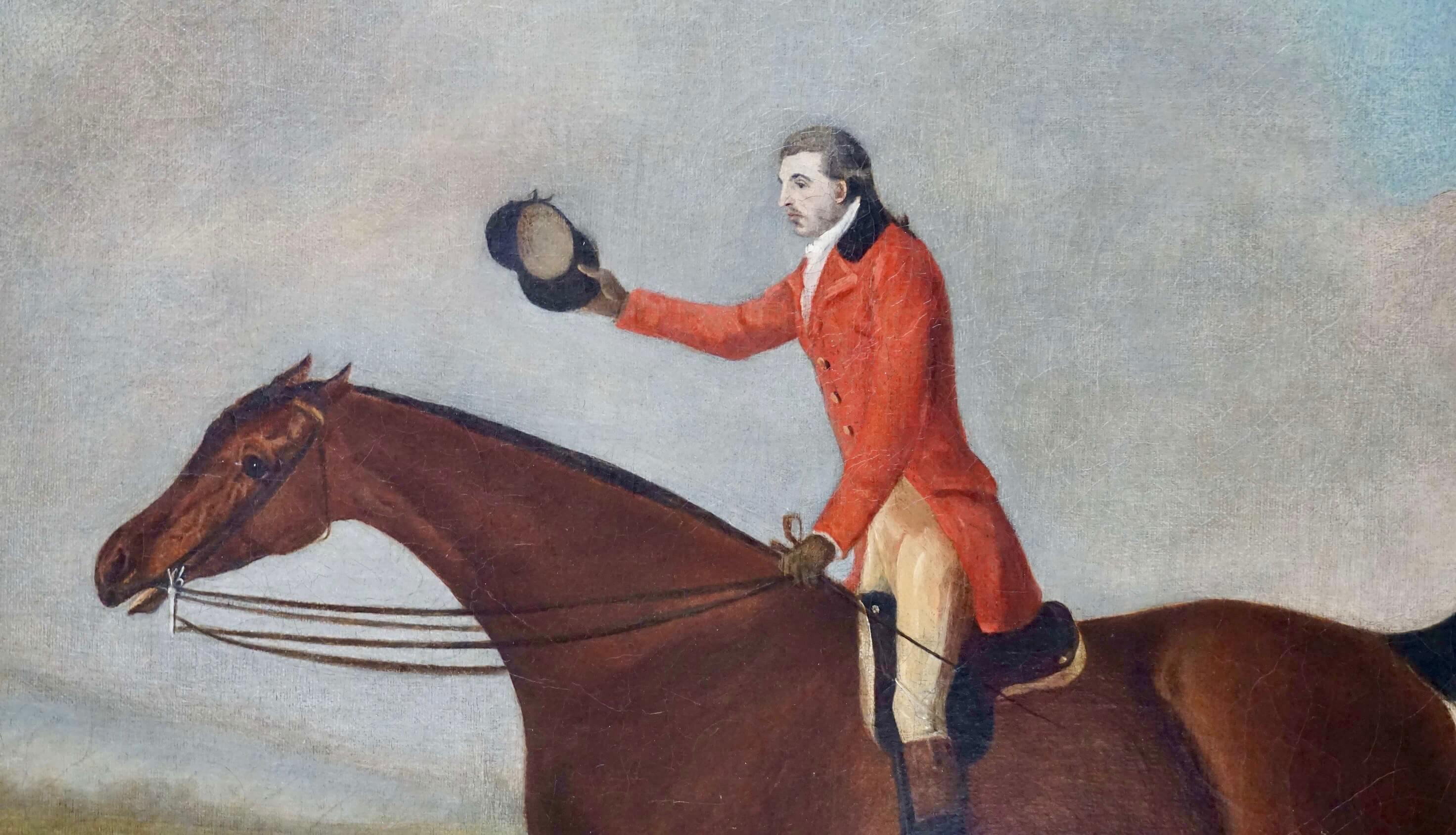Fox Hunter on Horse with Hounds, Attributed to Gilpin, Oil on Canvas, Circa 1790 In Good Condition For Sale In Kinderhook, NY