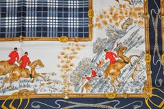 "Fox Hunting Expedition" Navy & White Plaid Center Hand-Rolled Silk Scarf