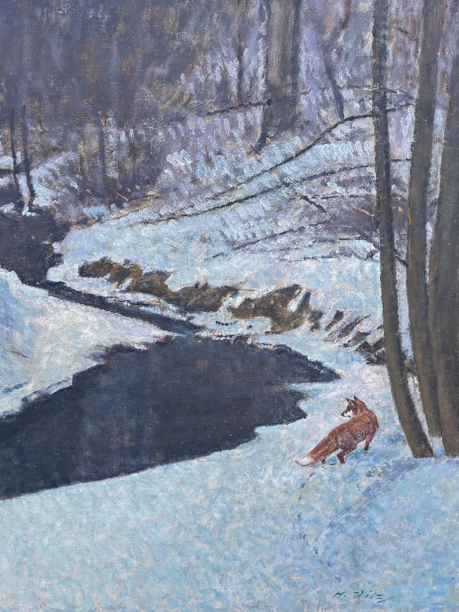 Pintura Zorro en la nieve - óleo sobre lienzo - años 40 Aceitado en venta