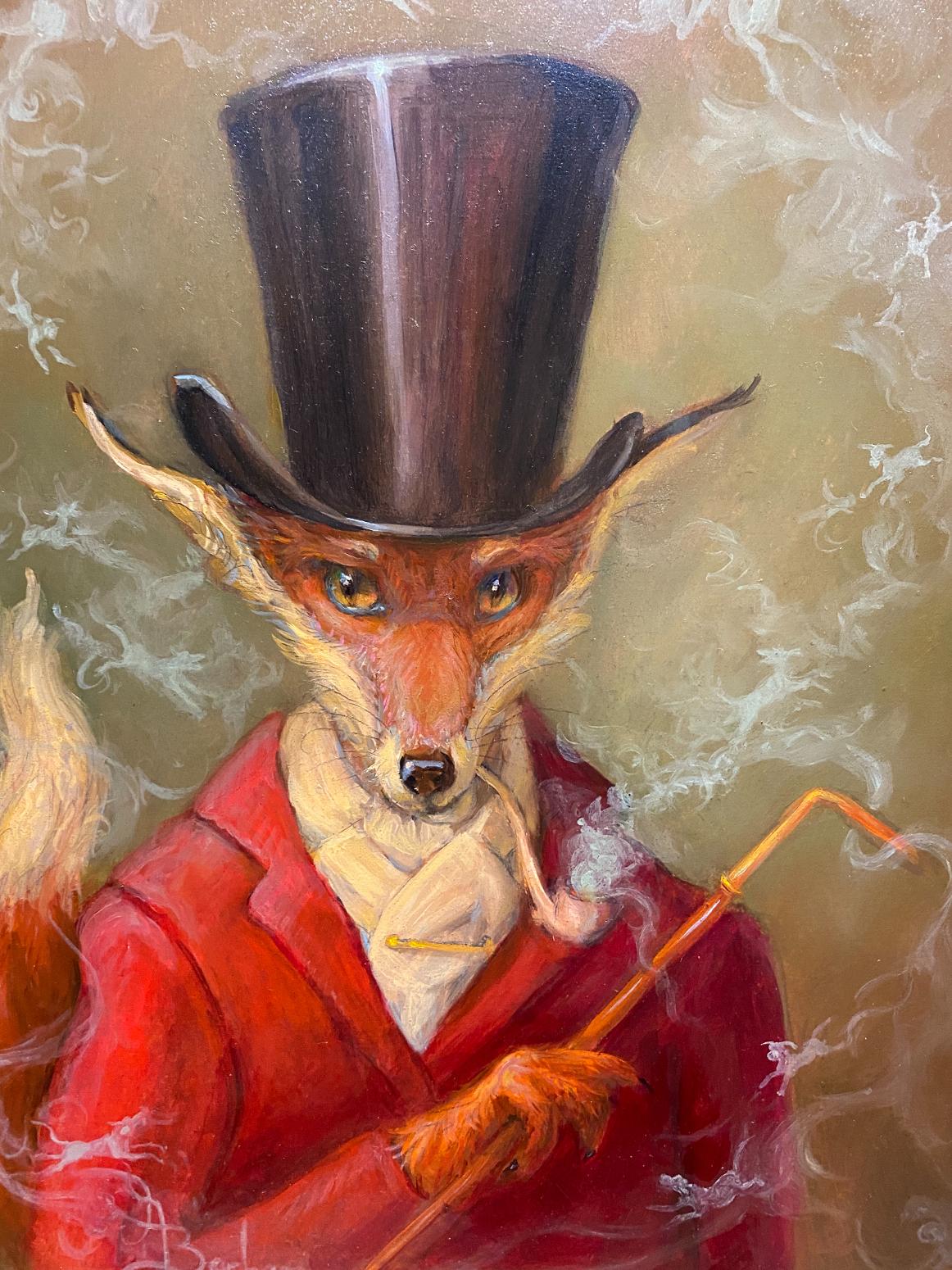 Original hunting fox in top hat smoking pipe oil on board painting by middleburg, VA artist, Anthony Barham. Beautiful colors depict a characterized fox showing off his hunt gear while smoking a pipe.
Measures: 23.5