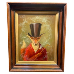 Fox in Top Hat Smoking Pipe Oil on Board Painting by Anthony Barham