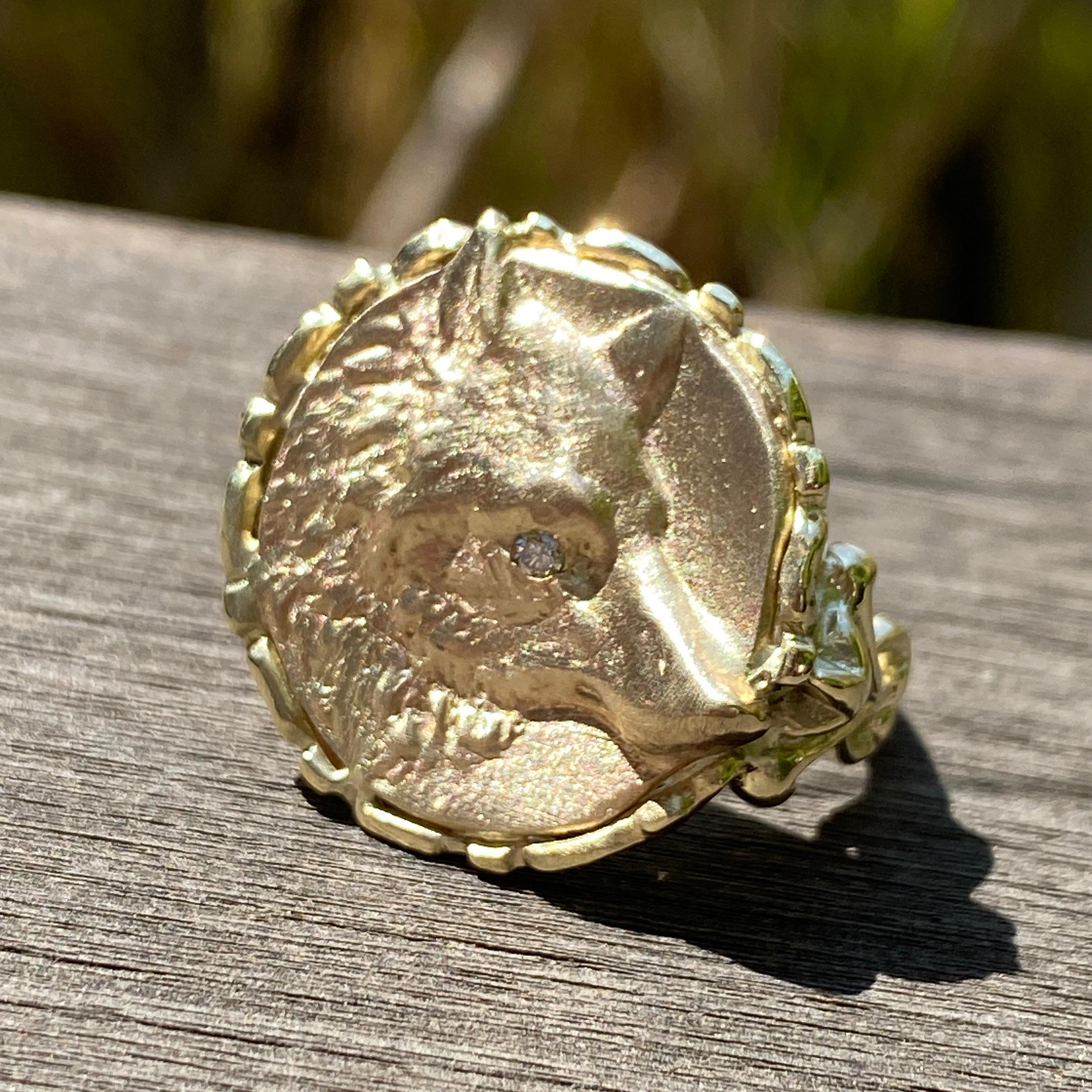 Fox Medallion with Diamond Eye Accent in Yellow Gold Scrollwork Ring For Sale 2