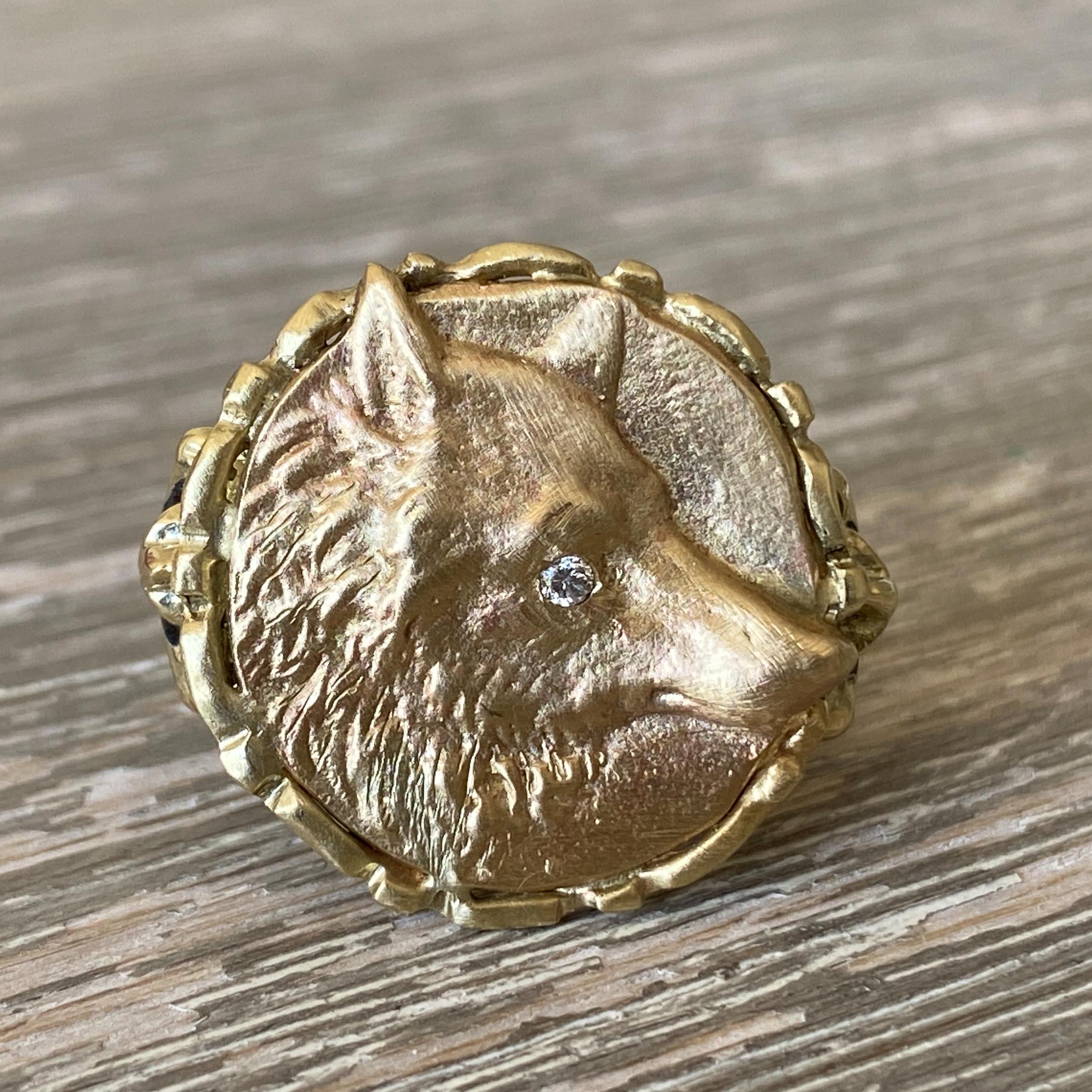Fox Medallion with Diamond Eye Accent in Yellow Gold Scrollwork Ring For Sale 3