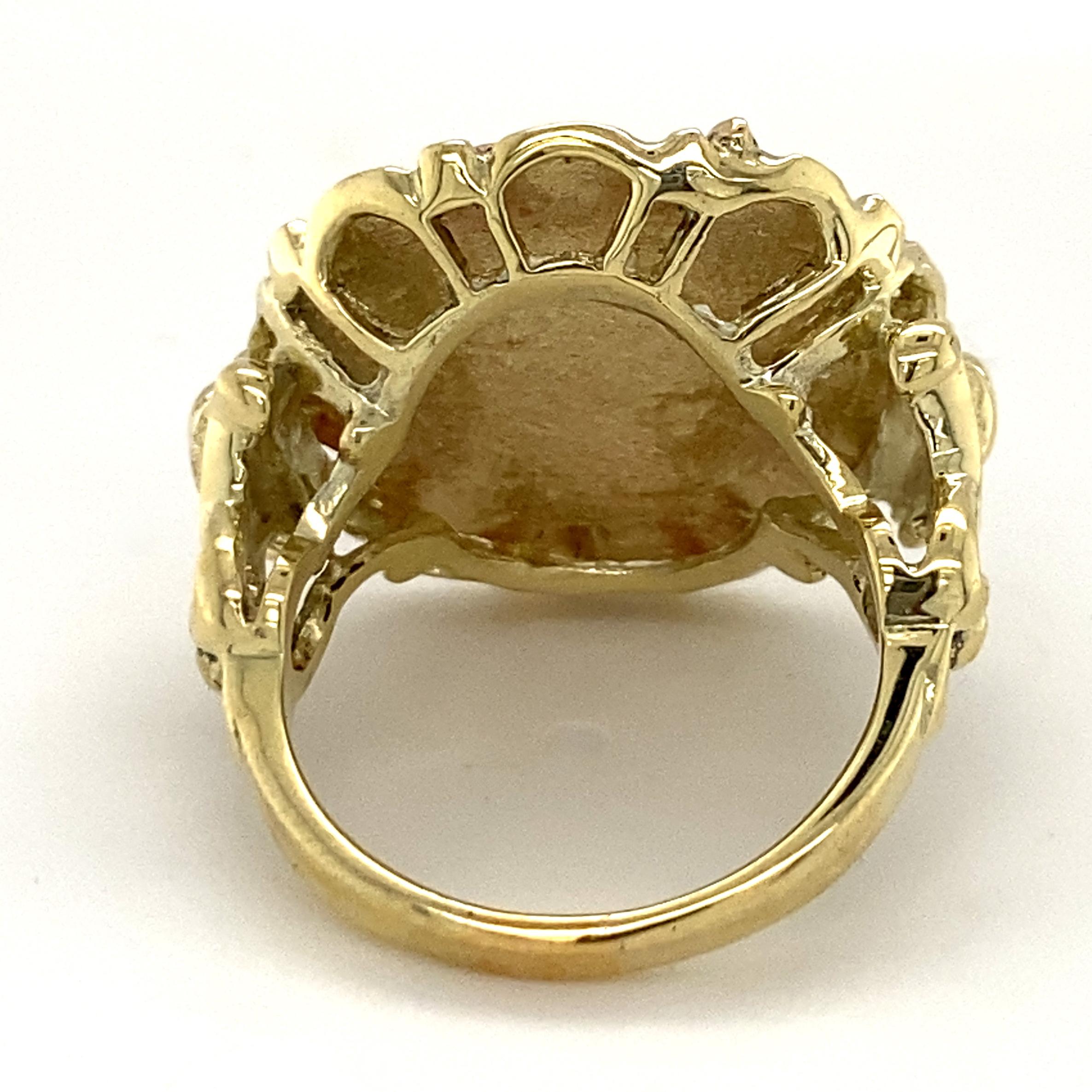 Fox Medallion with Diamond Eye Accent in Yellow Gold Scrollwork Ring For Sale 5