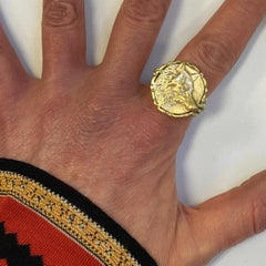 Fox Medallion with Diamond Eye Accent in Yellow Gold Scrollwork Ring