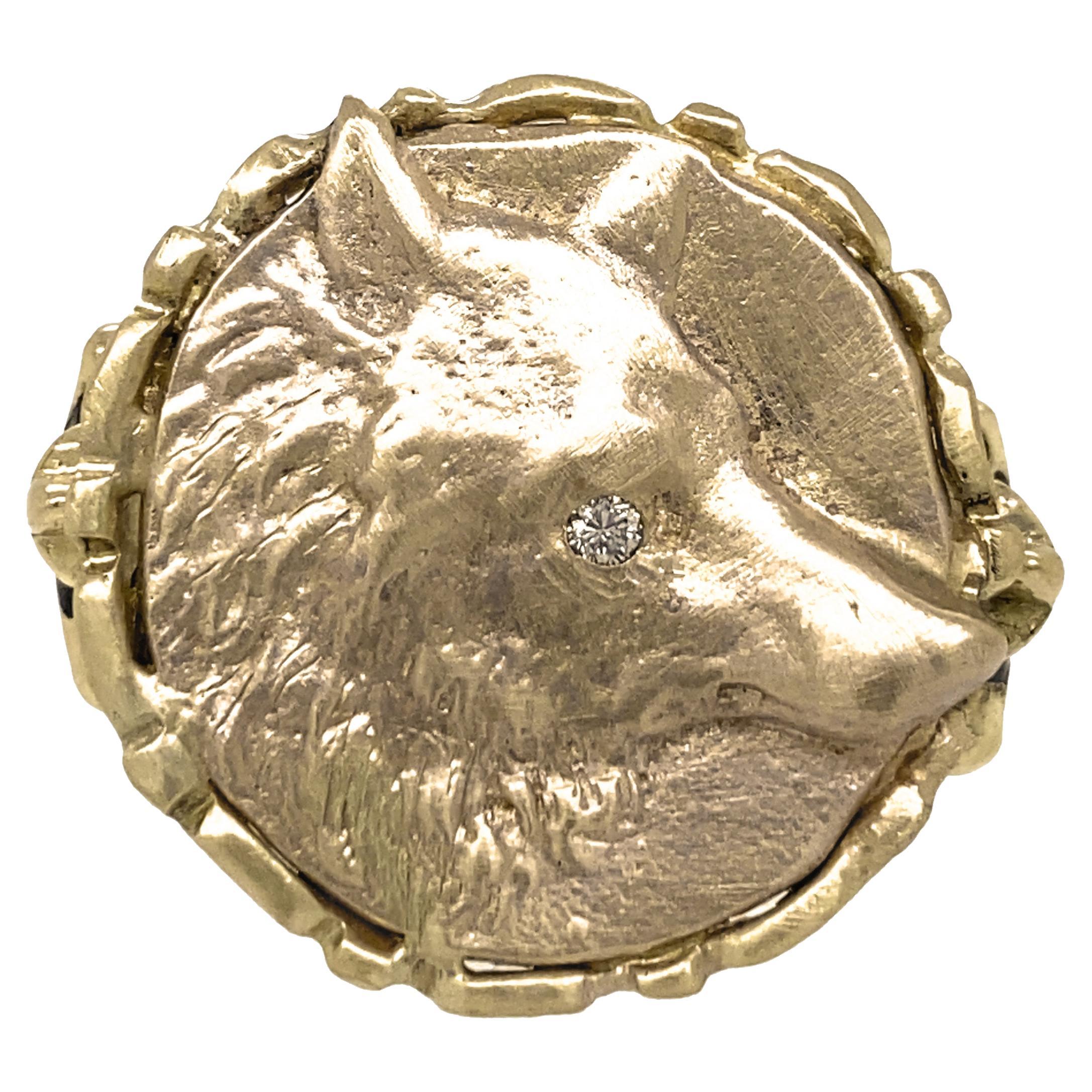 Fox Medallion with Diamond Eye Accent in Yellow Gold Scrollwork Ring For Sale
