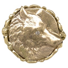 Fox Medallion with Diamond Eye Accent in Yellow Gold Scrollwork Ring