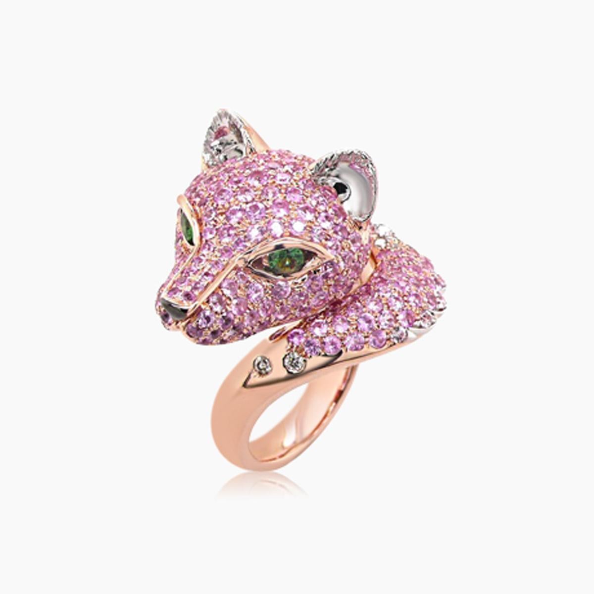 Mixed Cut Fox Pink Sapphire Diamond Pave & Green Garnet 18K Rose Gold Animal Ring For Sale
