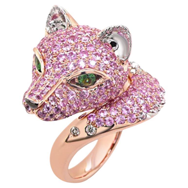 Fox Pink Sapphire Diamond Pave & Green Garnet 18K Rose Gold Animal Ring