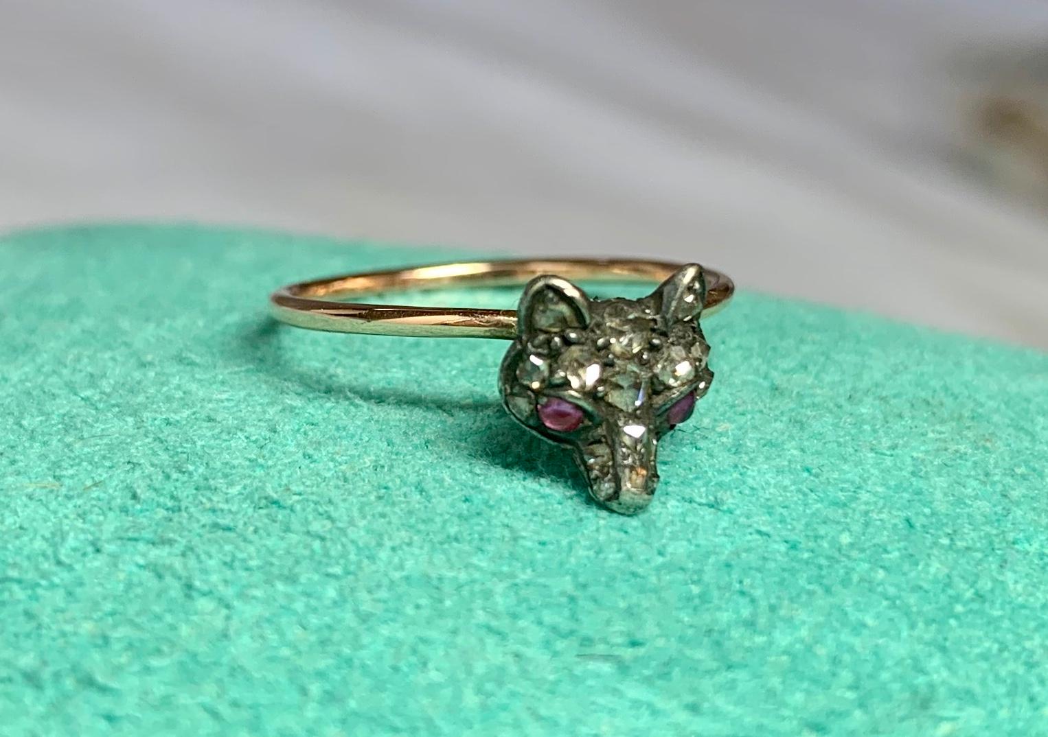 Victorien Fox Rose Cut Diamond Ruby Ring Antique Victorian Edwardian en vente