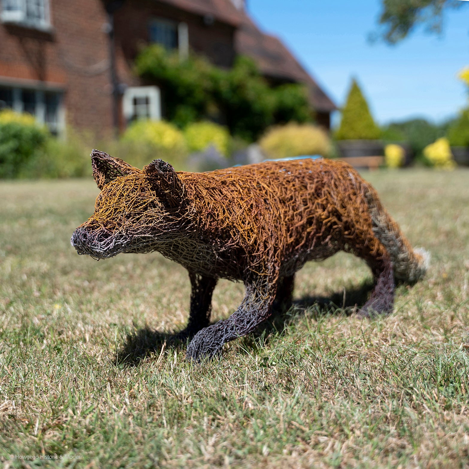 English Fox Sculpture Wirework Garden `Ornament For Sale