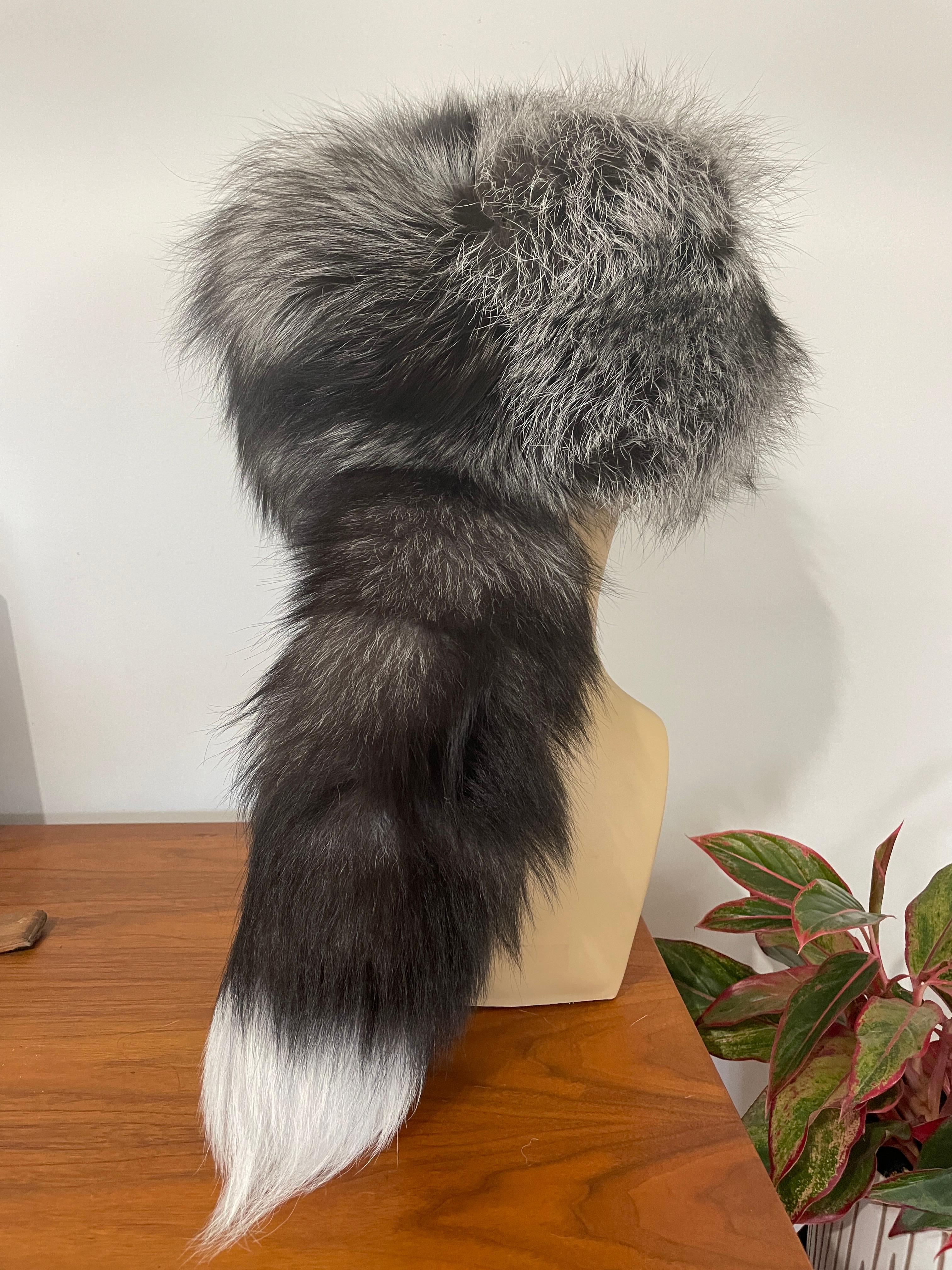 Black Fox Silver tipped Trapper Hat with Tail  For Sale