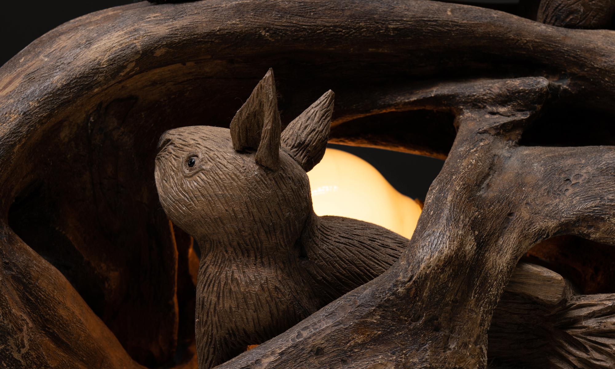 Hand-Carved Fox & Squirrel Folk Art Lamp, France, circa 1930