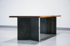 Dock Table, Walnut Dining Table with Folded Steel Base and Organic Edge