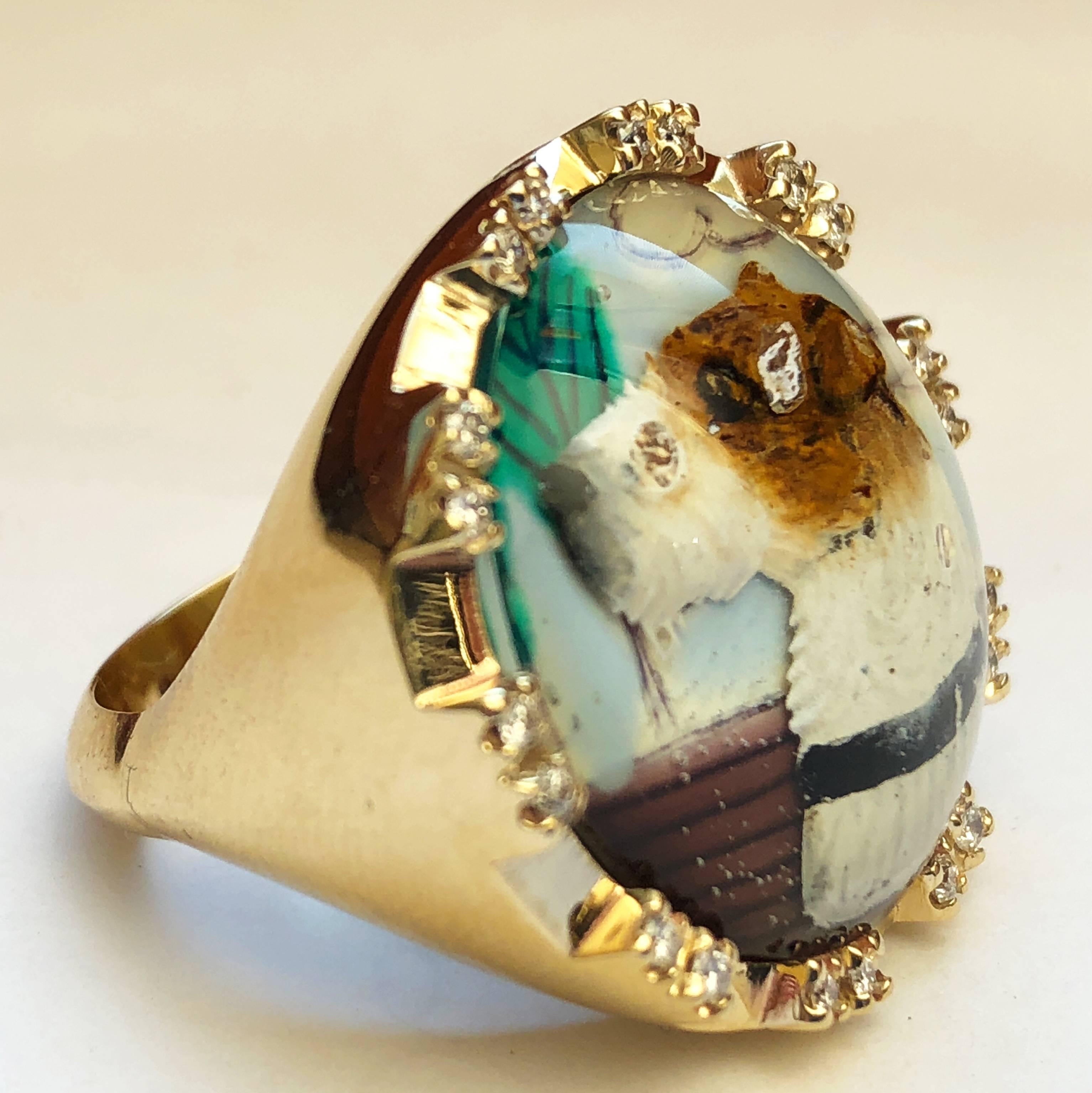 Berca Terrier Motif Reverse Crystal Diamond Yellow Gold One-of-a-Kind 1950s Ring For Sale 7