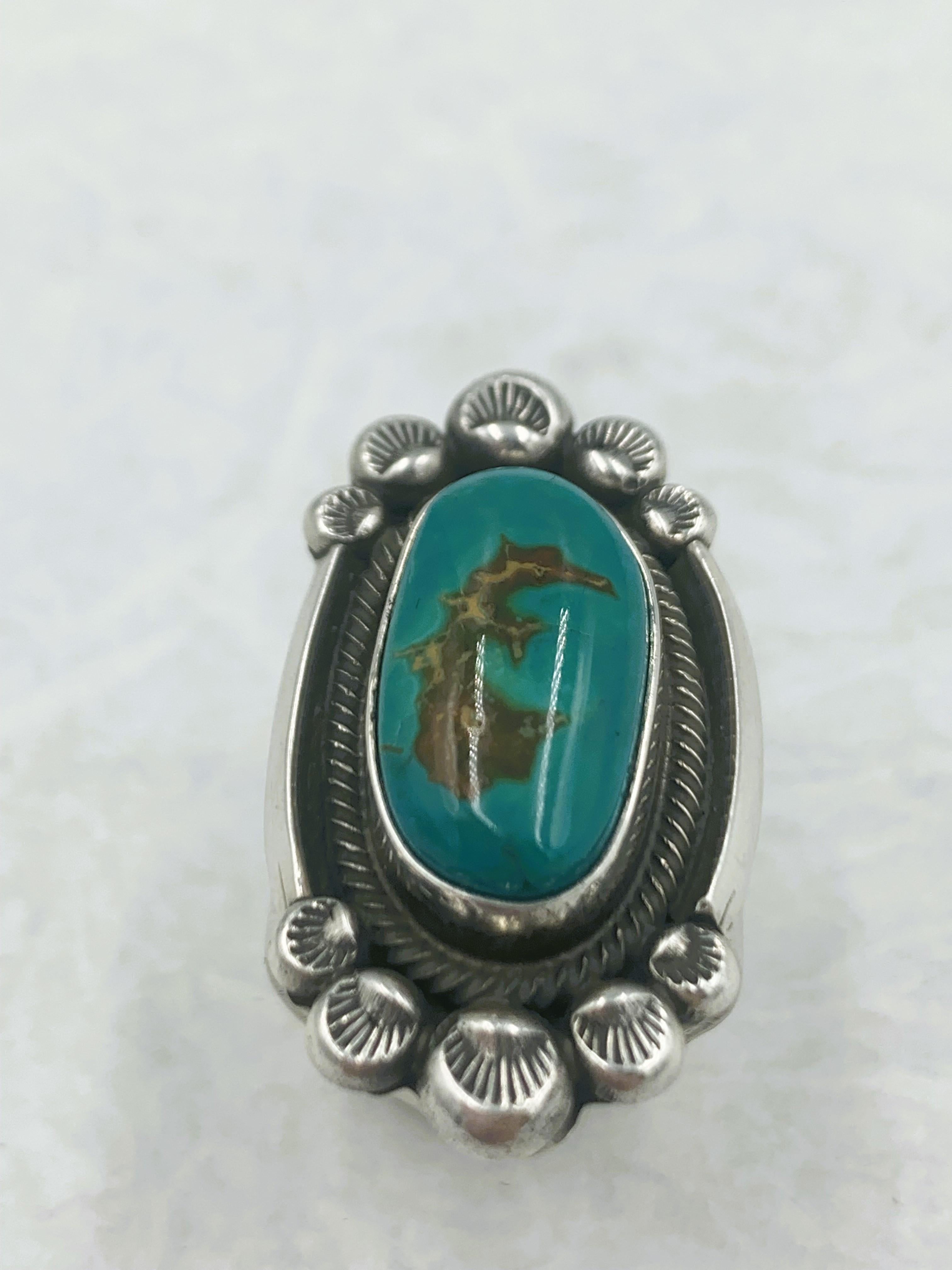 Fox turquoise sterling silver ring made by Navajo silversmith Leon Martinez 7