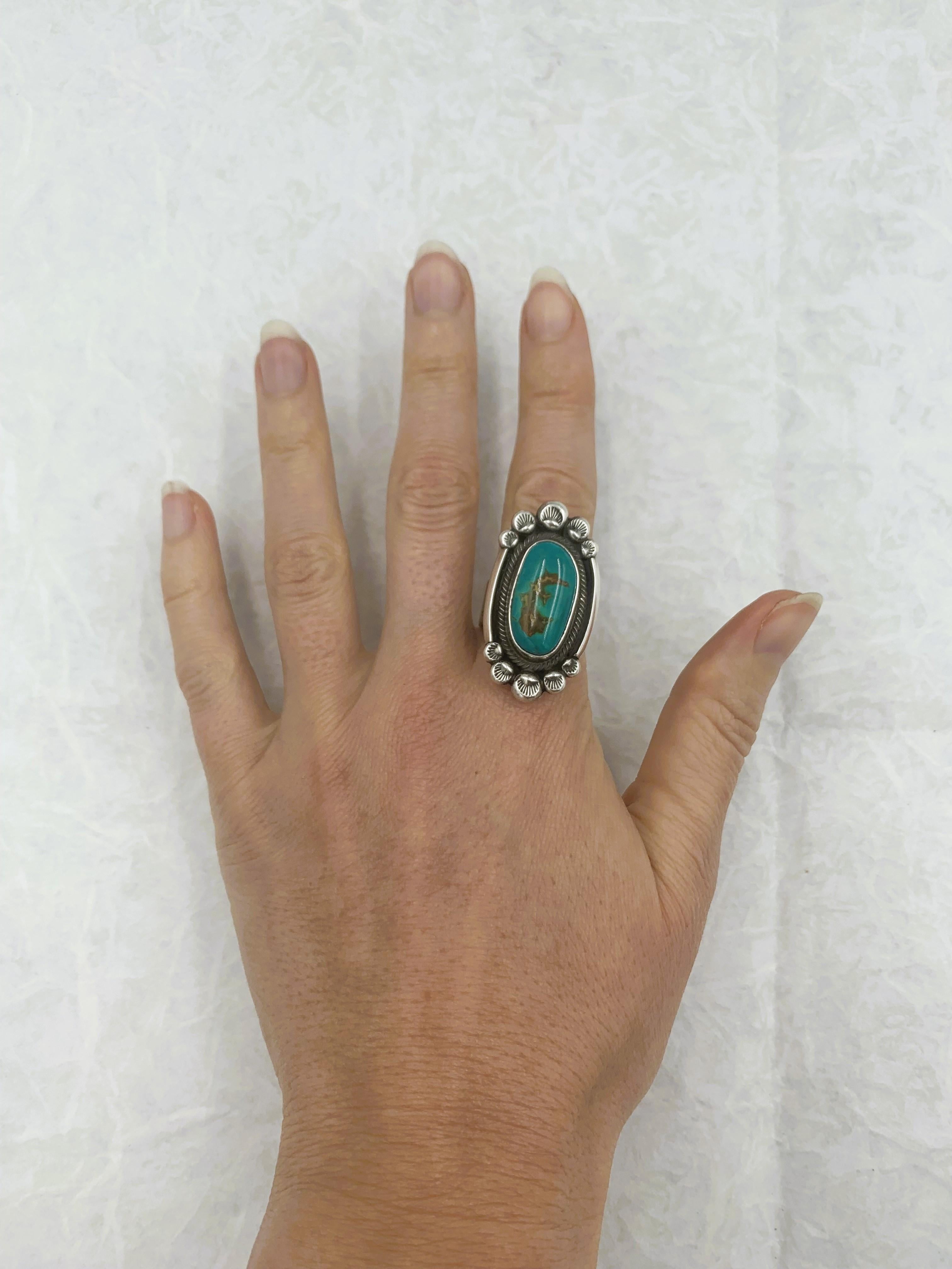 Native American Fox turquoise sterling silver ring made by Navajo silversmith Leon Martinez For Sale