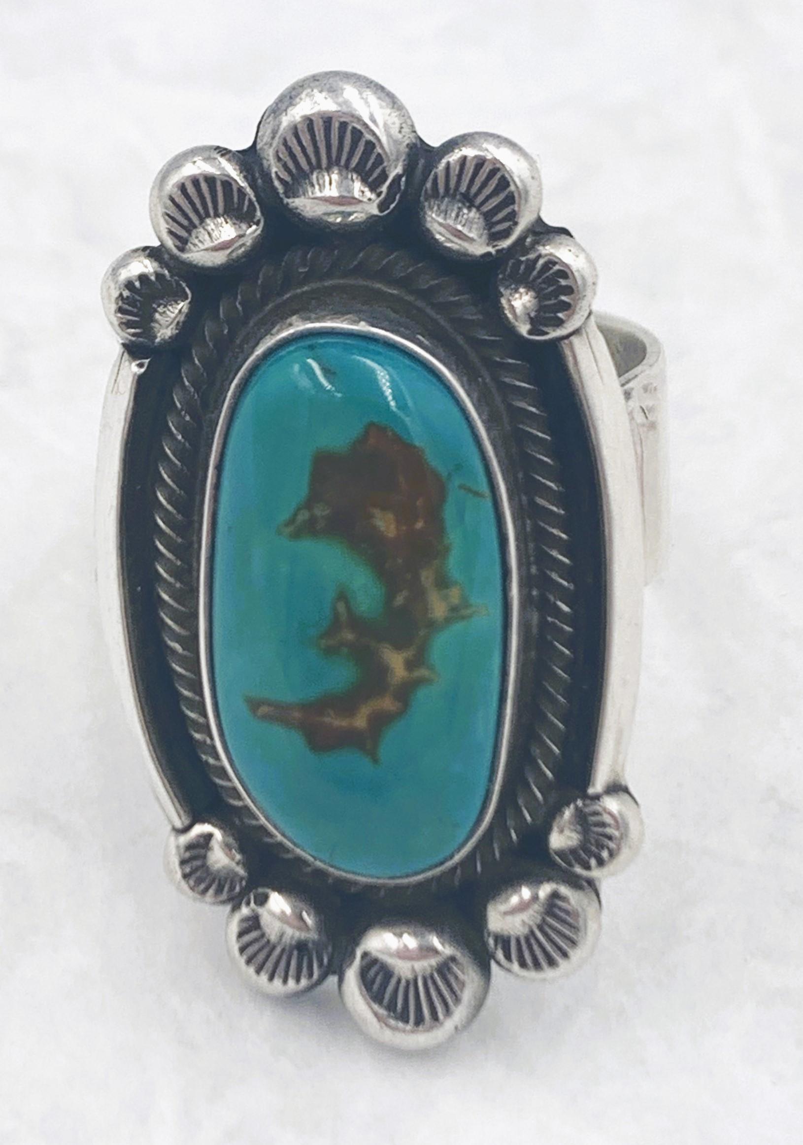 Women's or Men's Fox turquoise sterling silver ring made by Navajo silversmith Leon Martinez For Sale