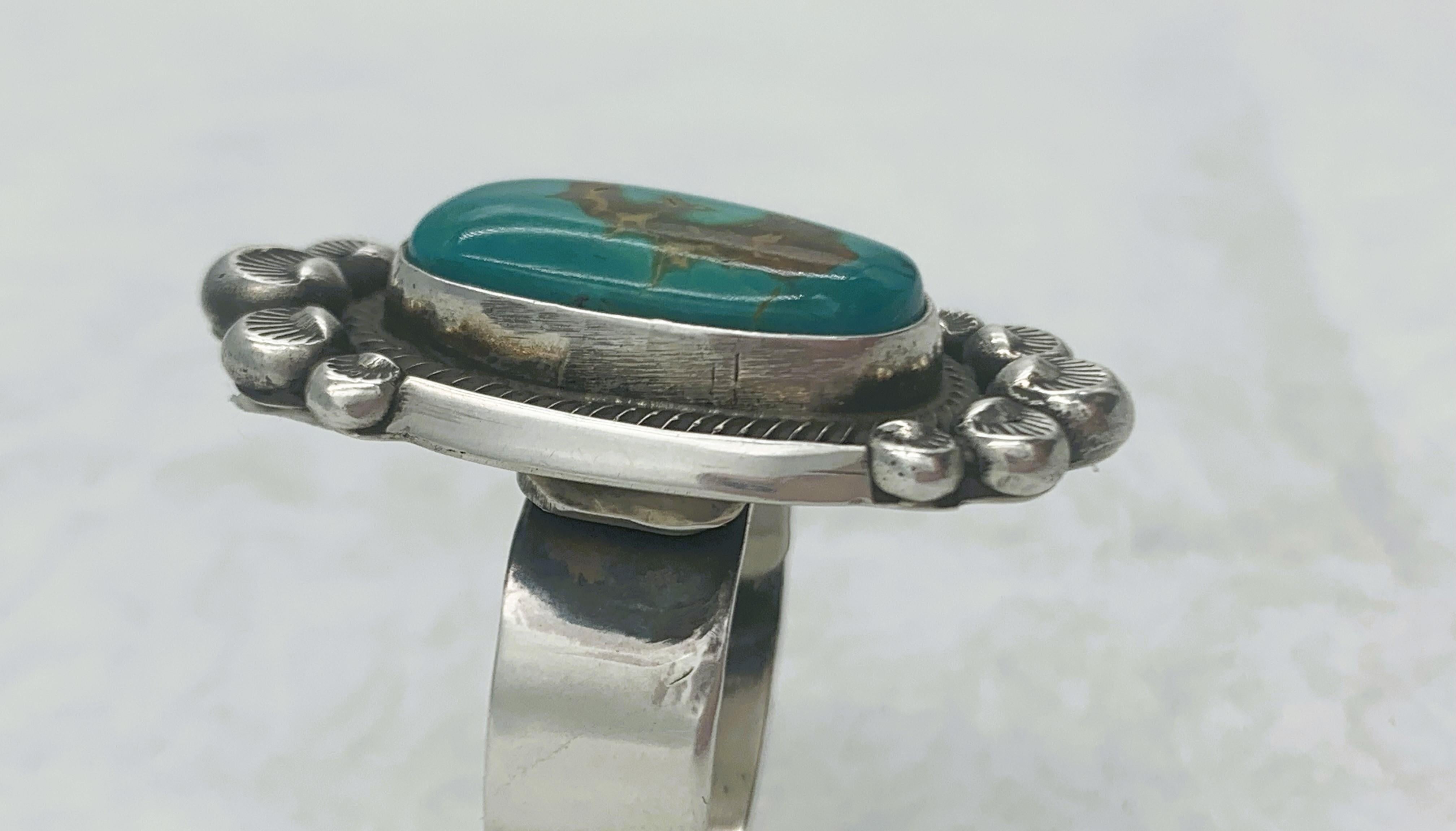 Fox turquoise sterling silver ring made by Navajo silversmith Leon Martinez For Sale 1