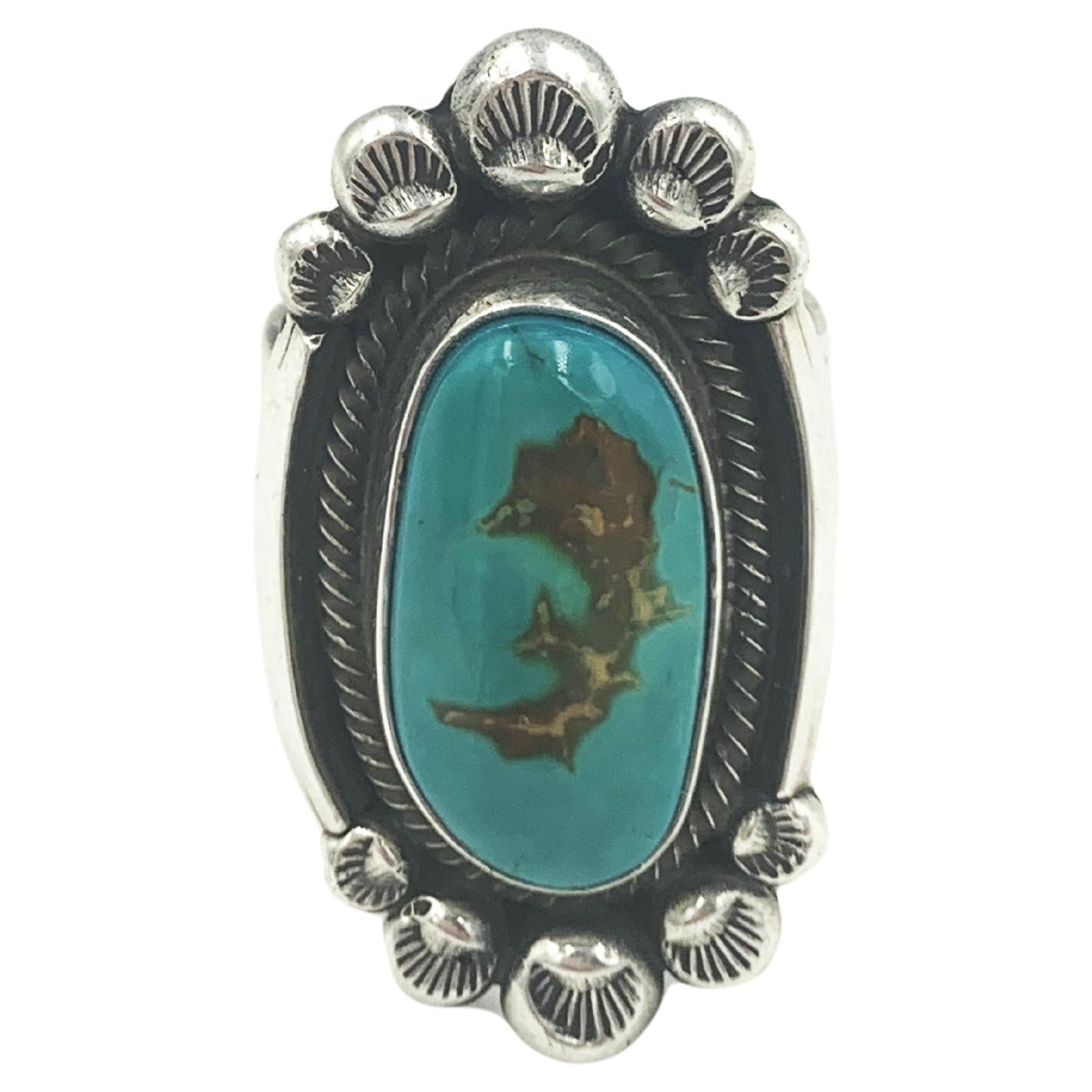 Fox turquoise sterling silver ring made by Navajo silversmith Leon Martinez For Sale