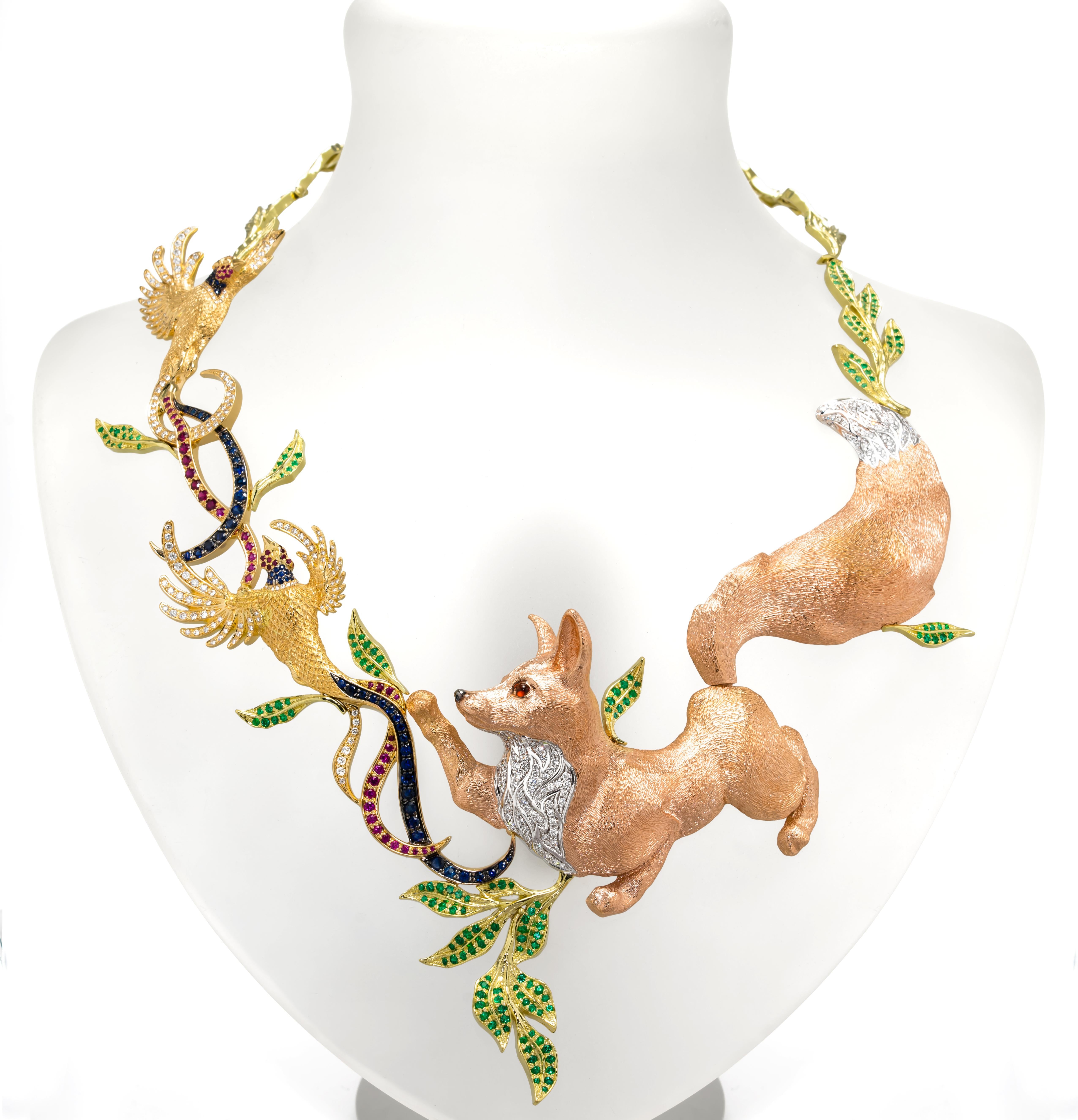 Contemporary Fabled Fox and the Pheasants Diamond Emerald Ruby Sapphire Gold Necklace For Sale