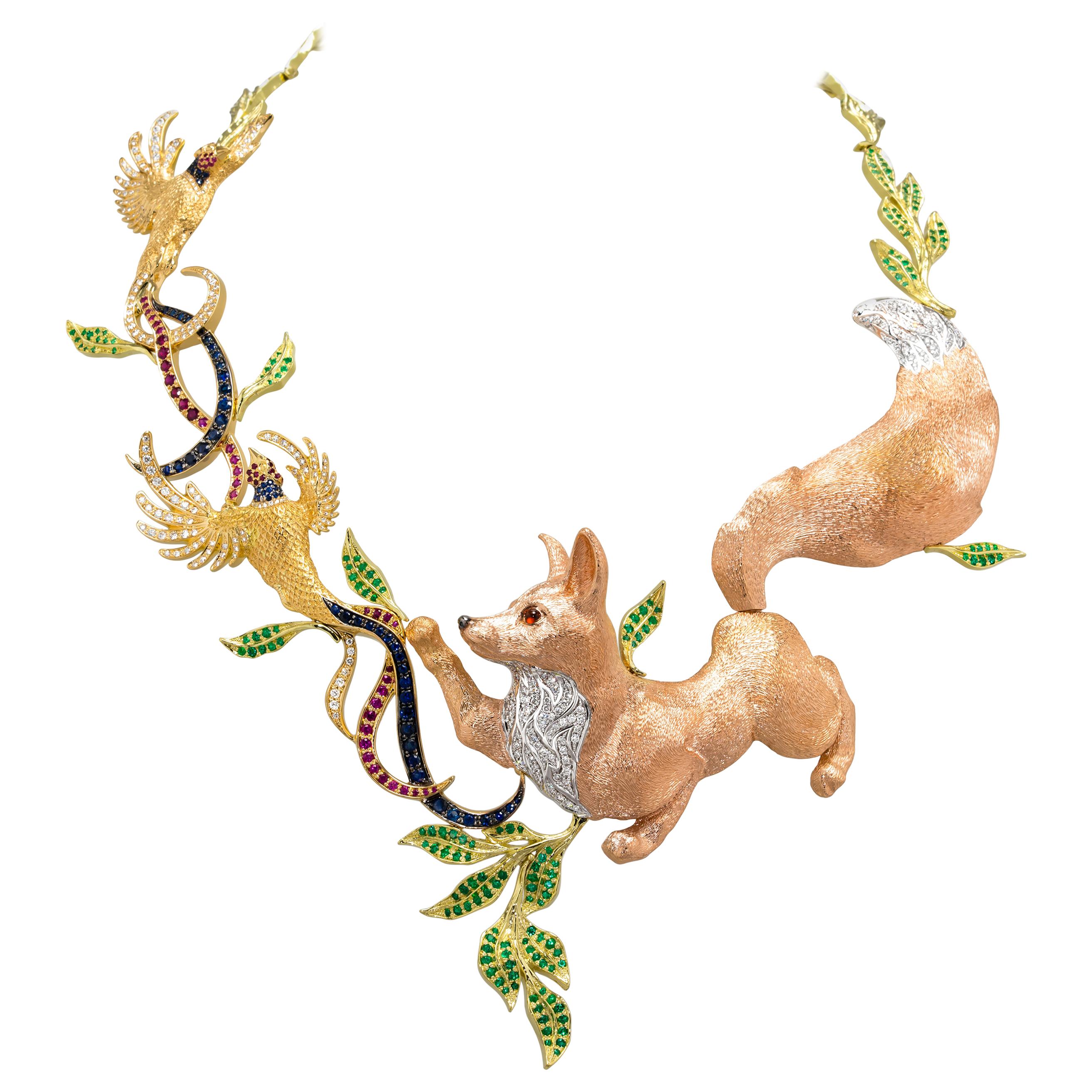 Fabled Fox and the Pheasants Diamond Emerald Ruby Sapphire Gold Necklace For Sale