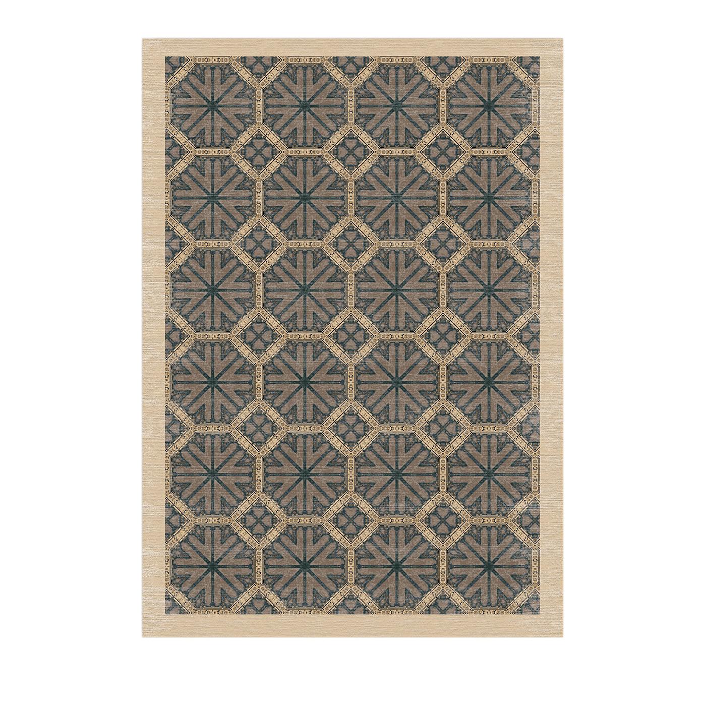 A dynamic composition, this stunning, hand knotted rug evokes the whimsical elegance of kaleidoscope shapes. The piece, made of wool and bamboo fibers, features an interlocking design of alluring geometric forms, composed of large, snowflake-like