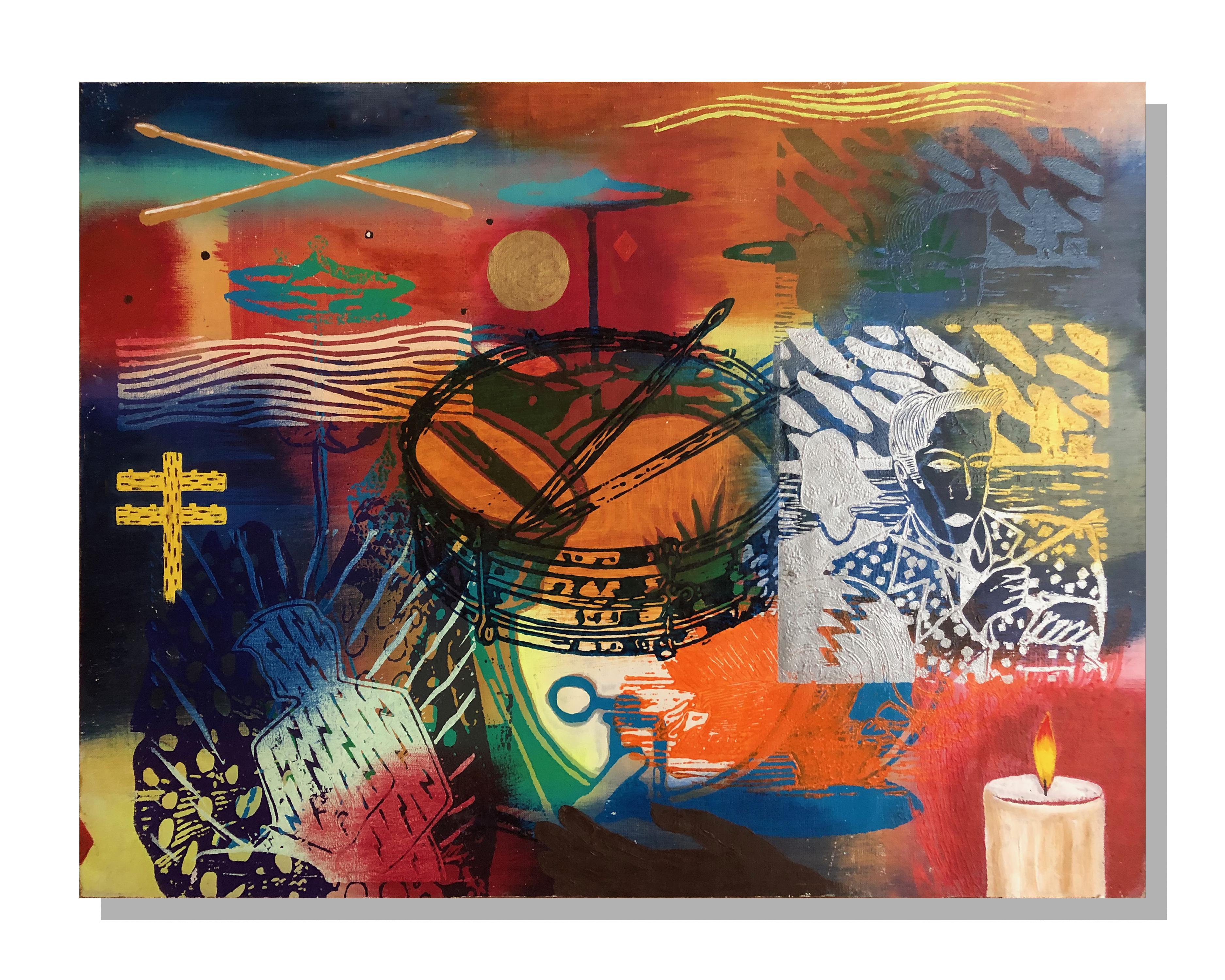 FPA Francis Pavy Artist Abstract Painting - Ask the Sticks  ( subject matter: music, Drums, drumming. drummers)