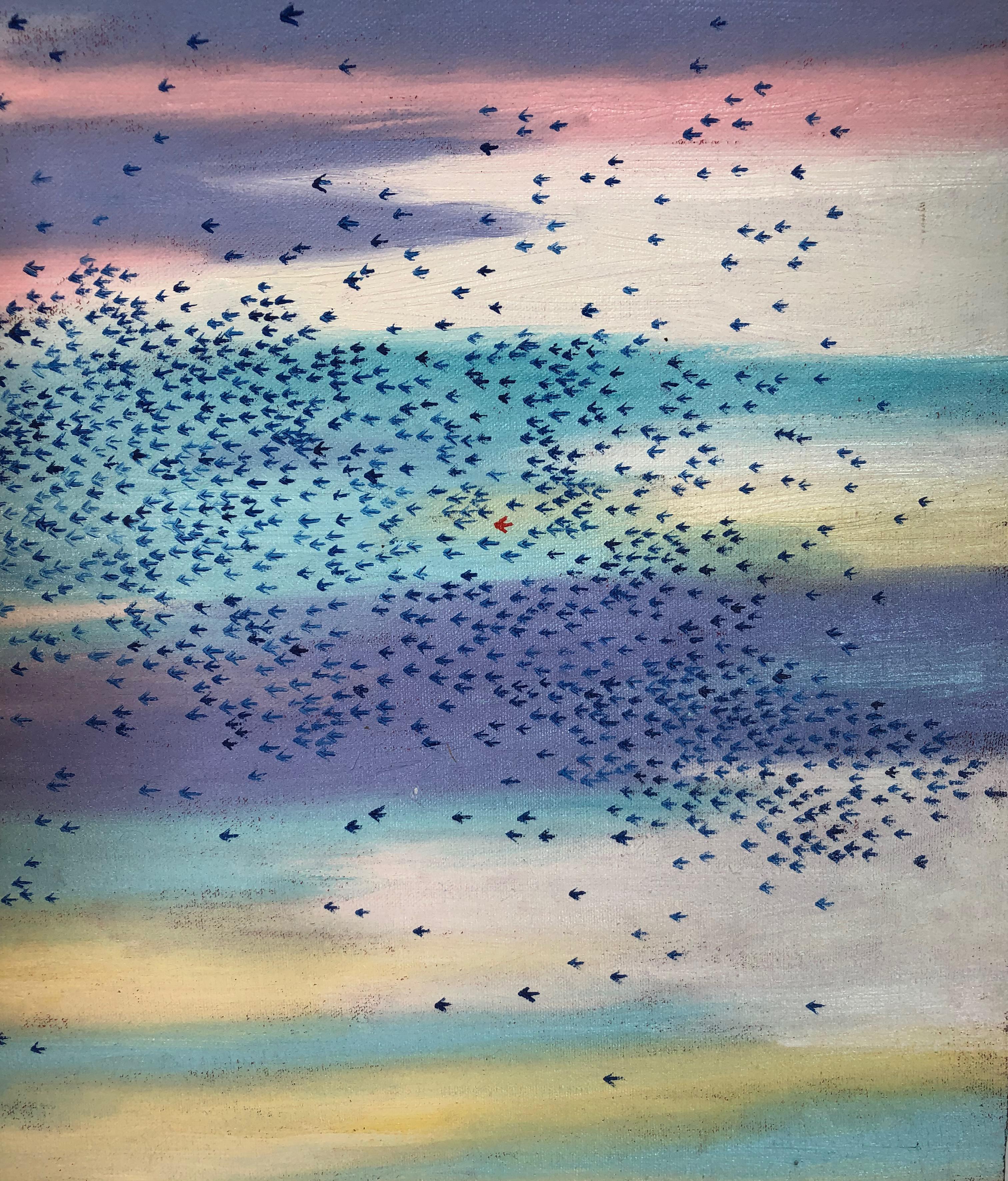 this 2018 Painting by Francis X. Pavy depicts a flock of migrating birds, characteristic of all of southwestern Louisiana, where there are many migrating flocks of ducks, cedar, waxwings, blackbirds, as well as geese, and other migratory birds. The