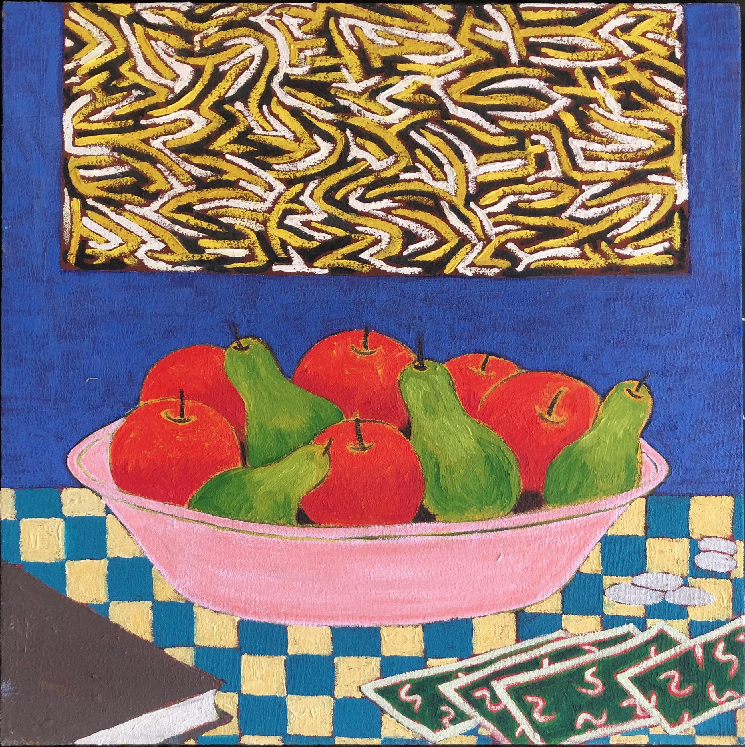 Stillleben mit Äpfeln und Birnen mit abstraktem Gemälde