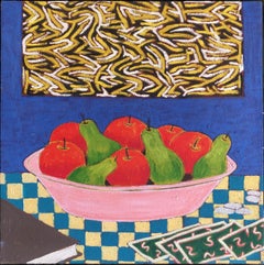 Stillleben mit Äpfeln und Birnen mit abstraktem Gemälde