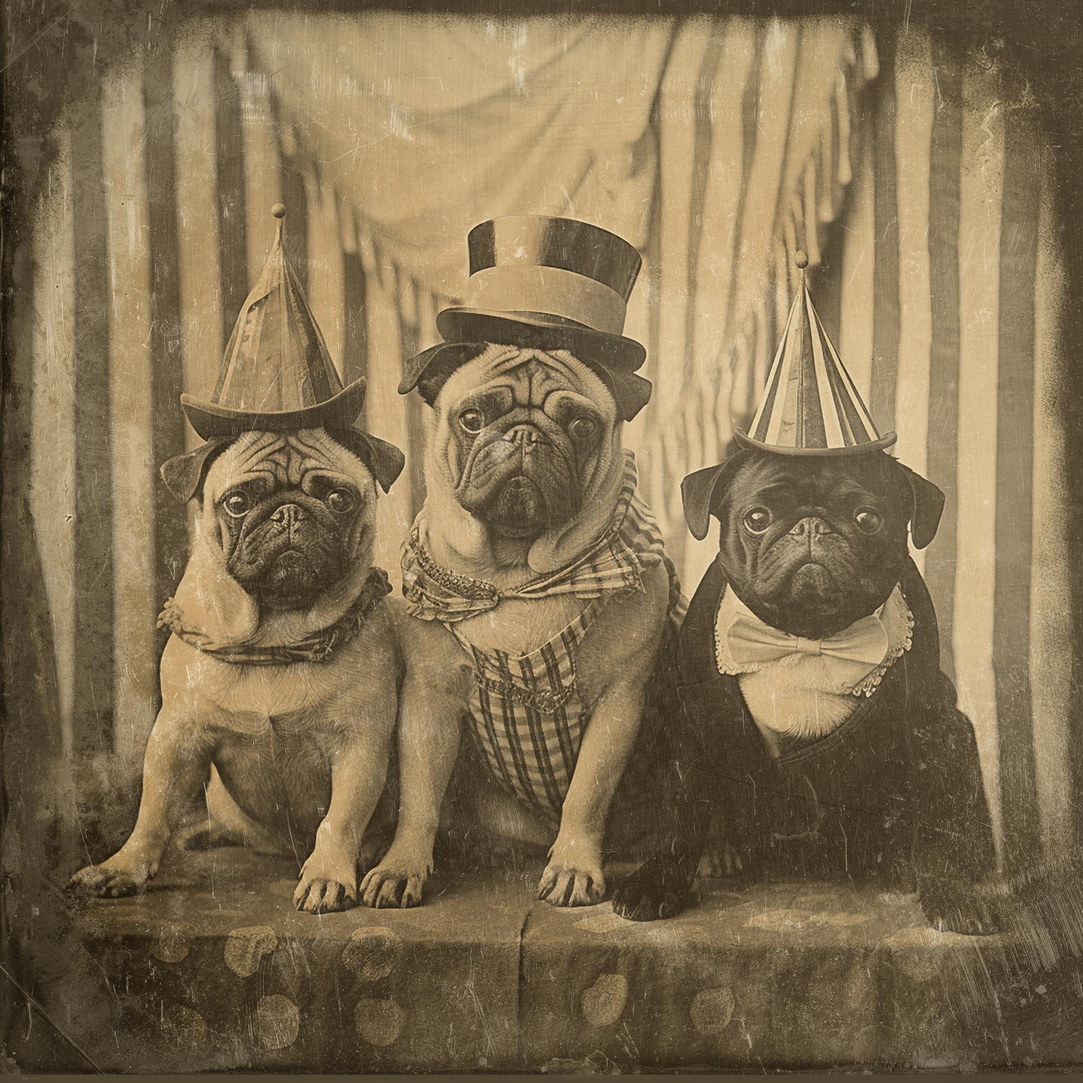 12"x12" photograph of three circus pugs - enchanting exotic daguerreotype repro
