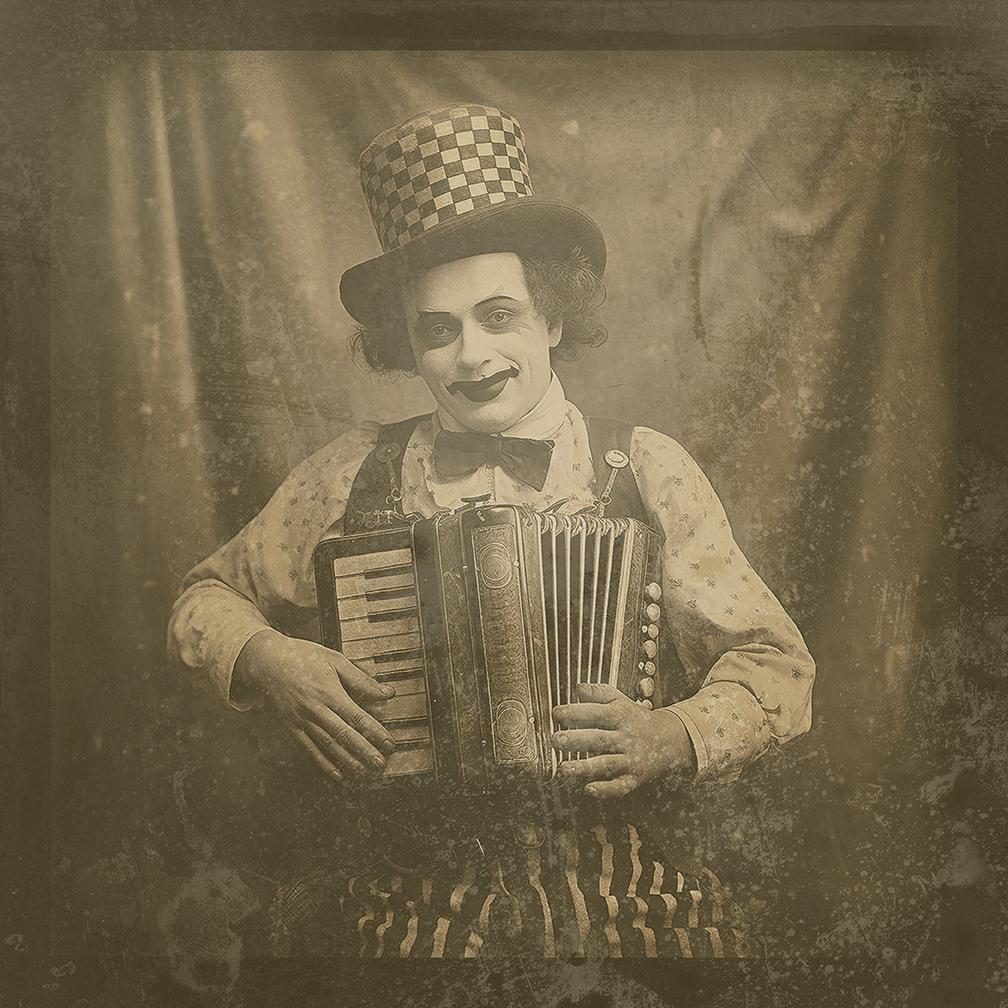Clown Akkordeonist  – Photograph von FPA Francis Pavy Artist
