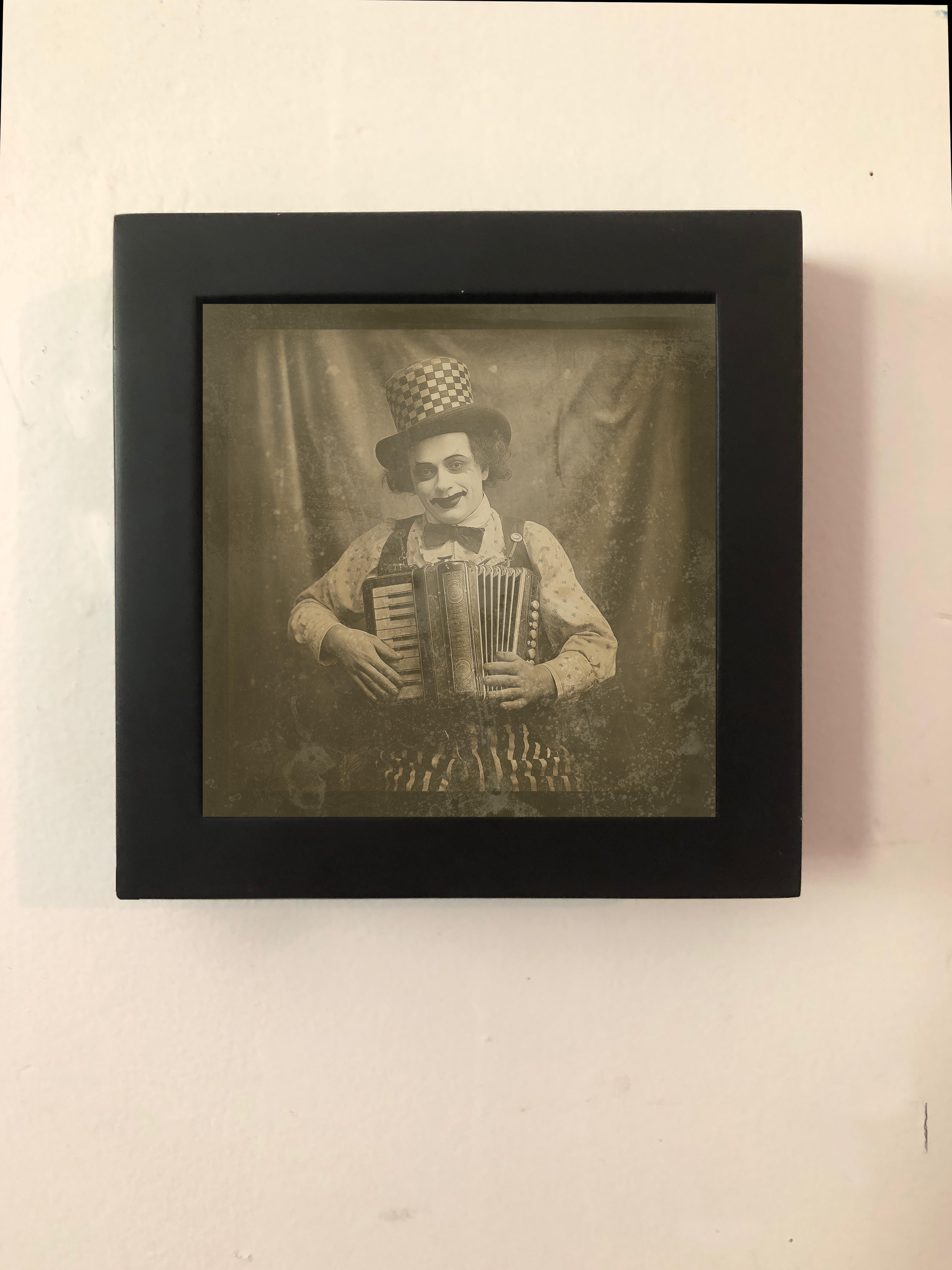 Clown accordionist  - Black Figurative Photograph by FPA Francis Pavy Artist
