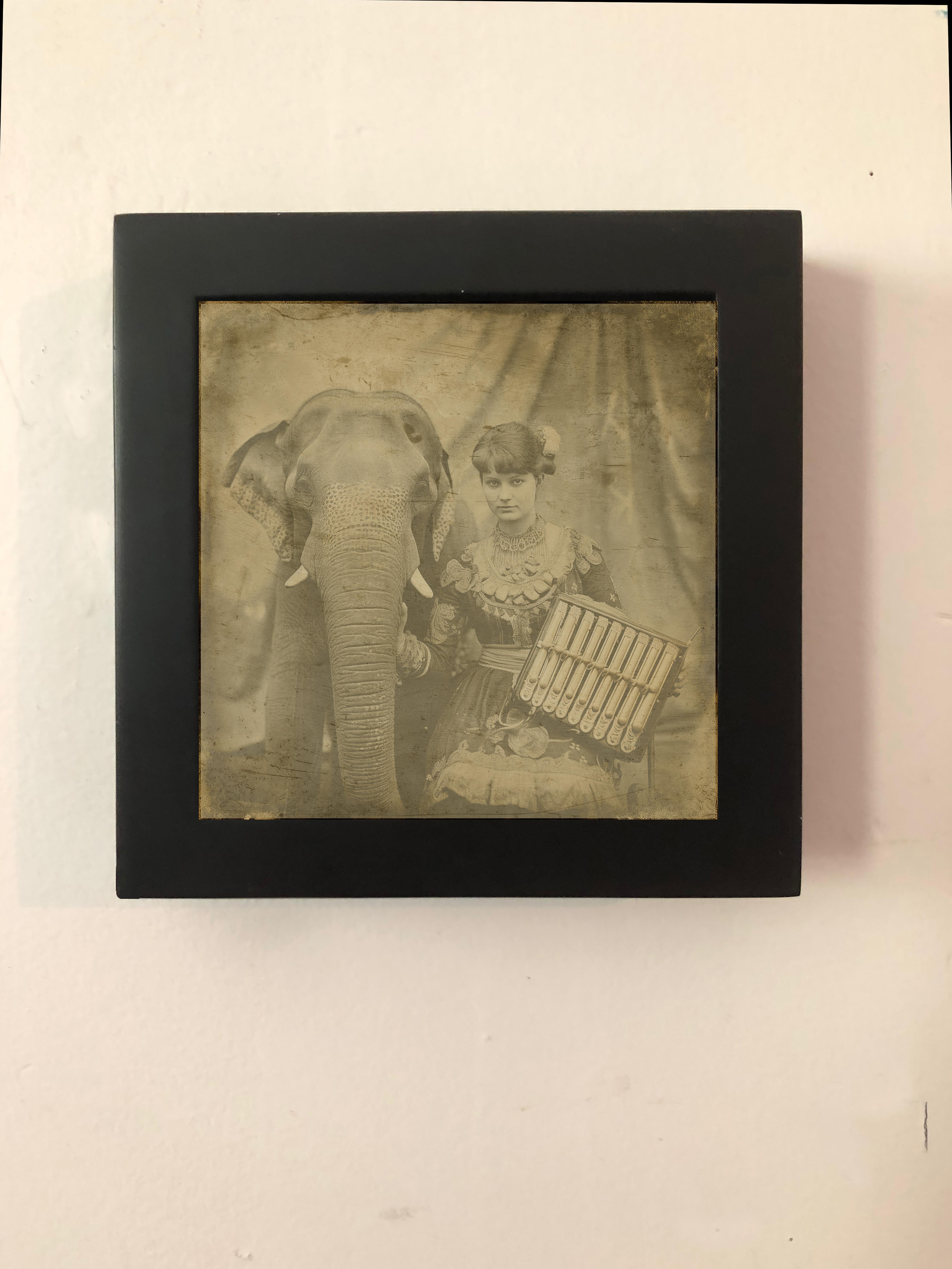 Eliese and her talking elephant =xotic daguerreotype reproduction Framed - Photograph by FPA Francis Pavy Artist