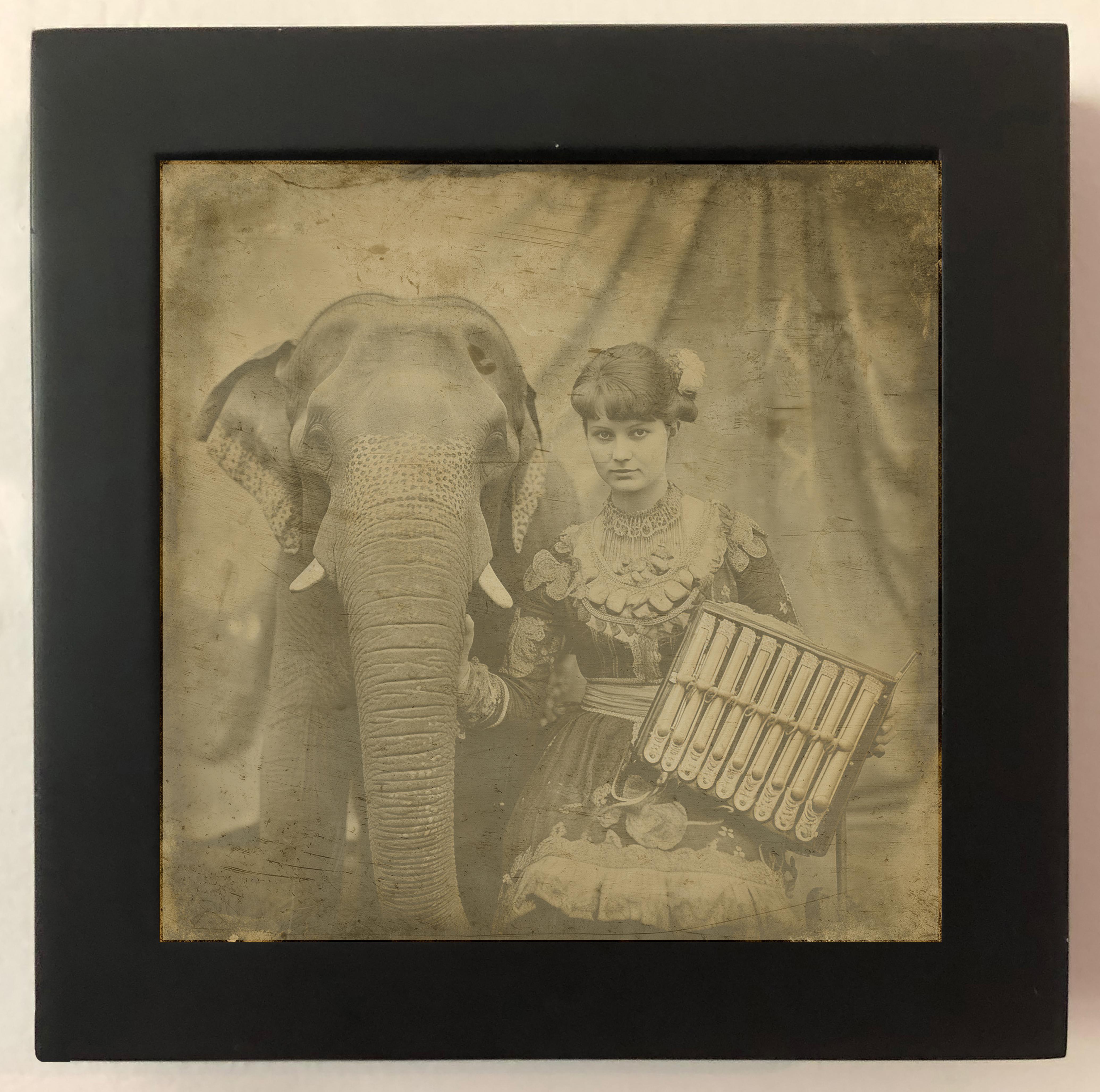 FPA Francis Pavy Artist Figurative Photograph - Eliese and her talking elephant =xotic daguerreotype reproduction Framed