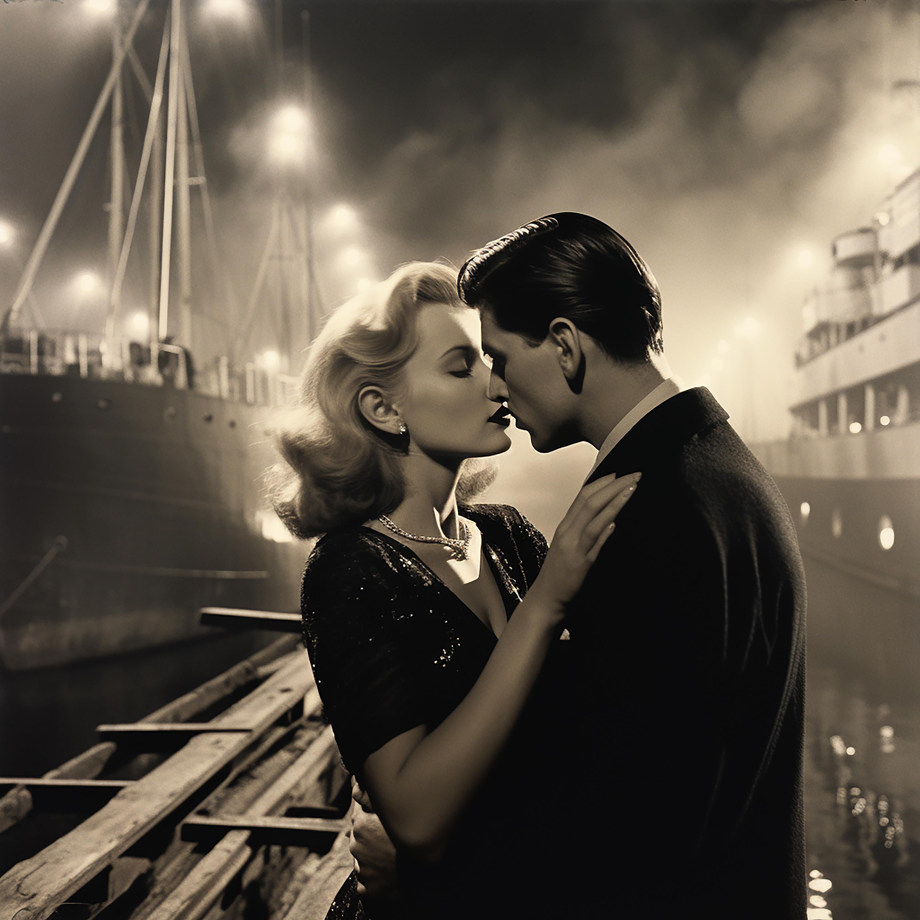 FPA Francis Pavy Artist Black and White Photograph – Goodbye kiss on the Docks – Film Noir-Fotografie 