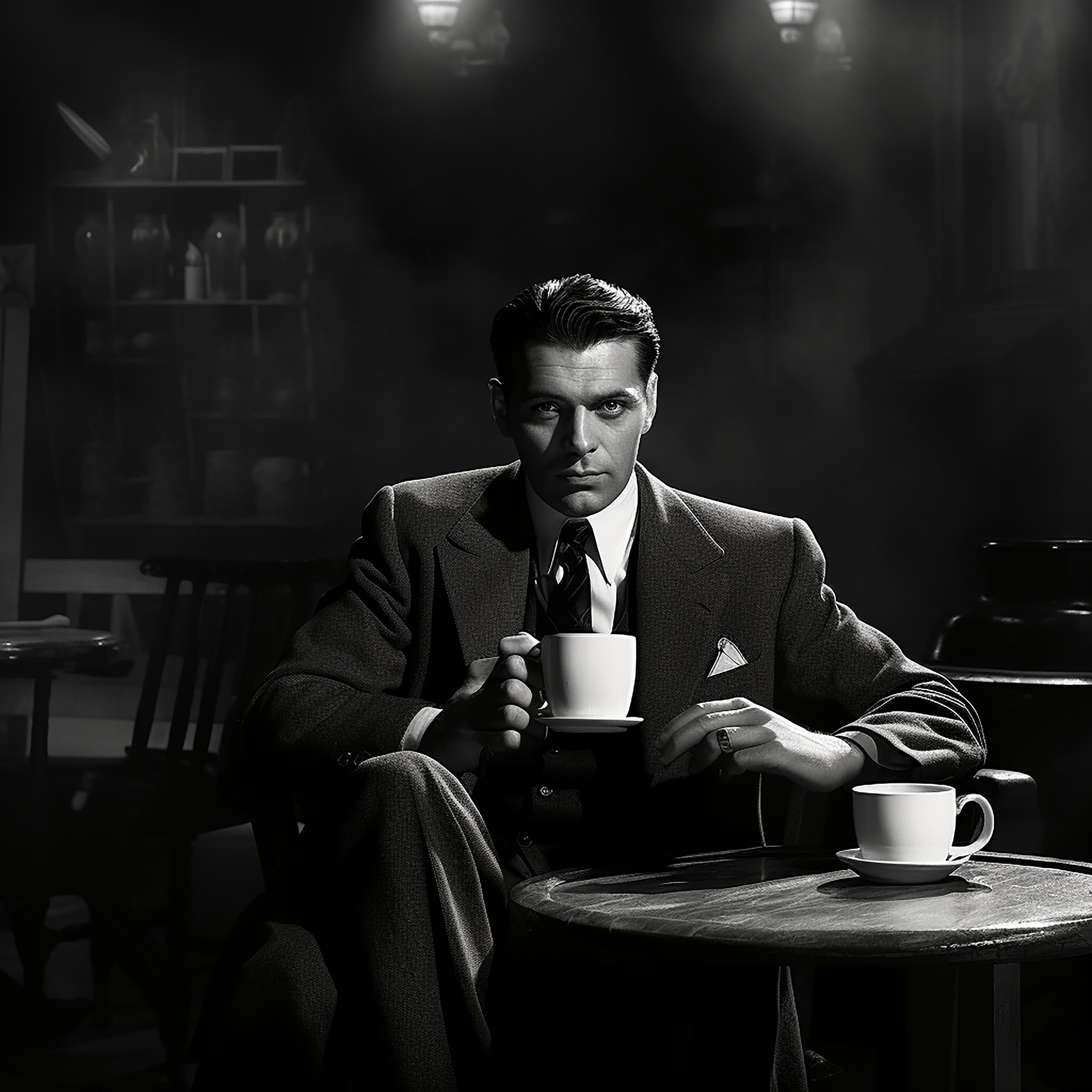 FPA Francis Pavy Artist Black and White Photograph – Leading Man taking a Coffee Break auf der Klangbühne – Film noir 