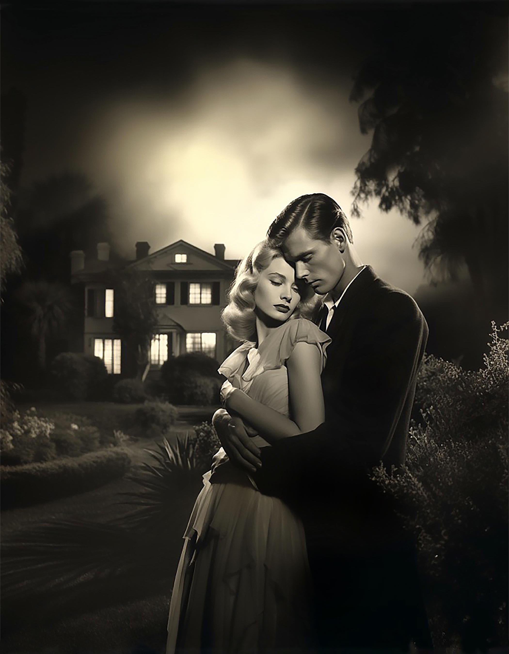 Lovers in the Garden -- elegant Black and white  photograph silver screen A/P