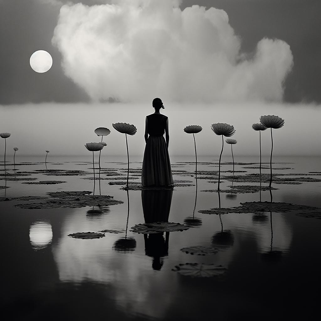 FPA Francis Pavy Artist Figurative Photograph - New Day Sunrise with Lotus and Clouds -- Film Noir