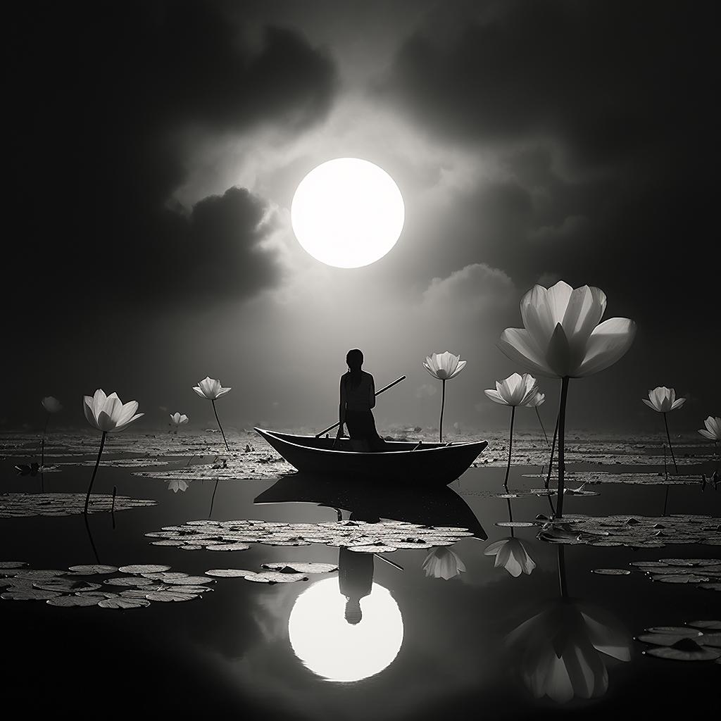 Placid Lotus Lake with Full Moon -- film noir